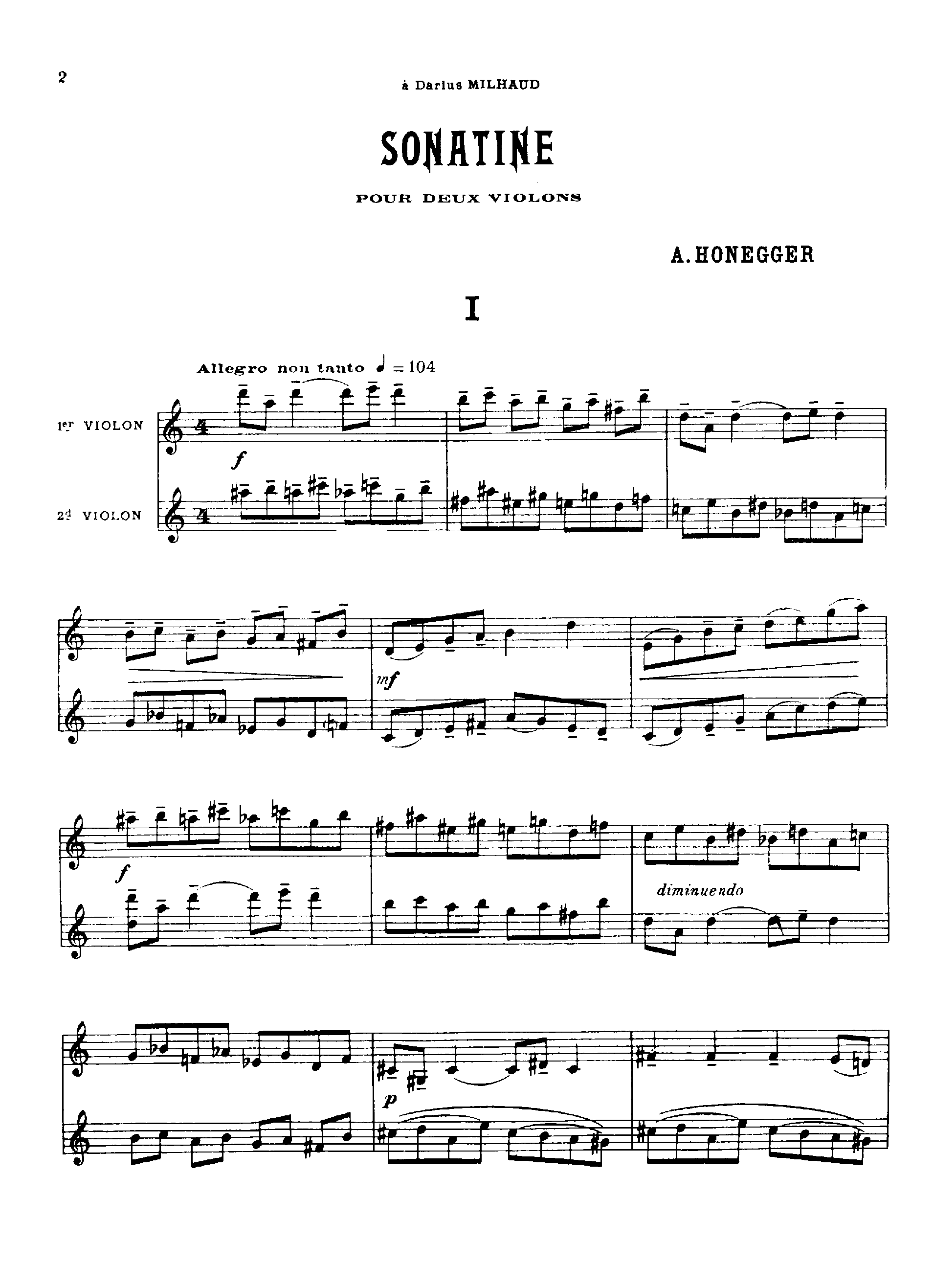 Sonatine for 2 Violins, H.29 by Arthur Honegger Sheet Music arranged by 8notes.com for Violin Duet - 1 of 10 pages