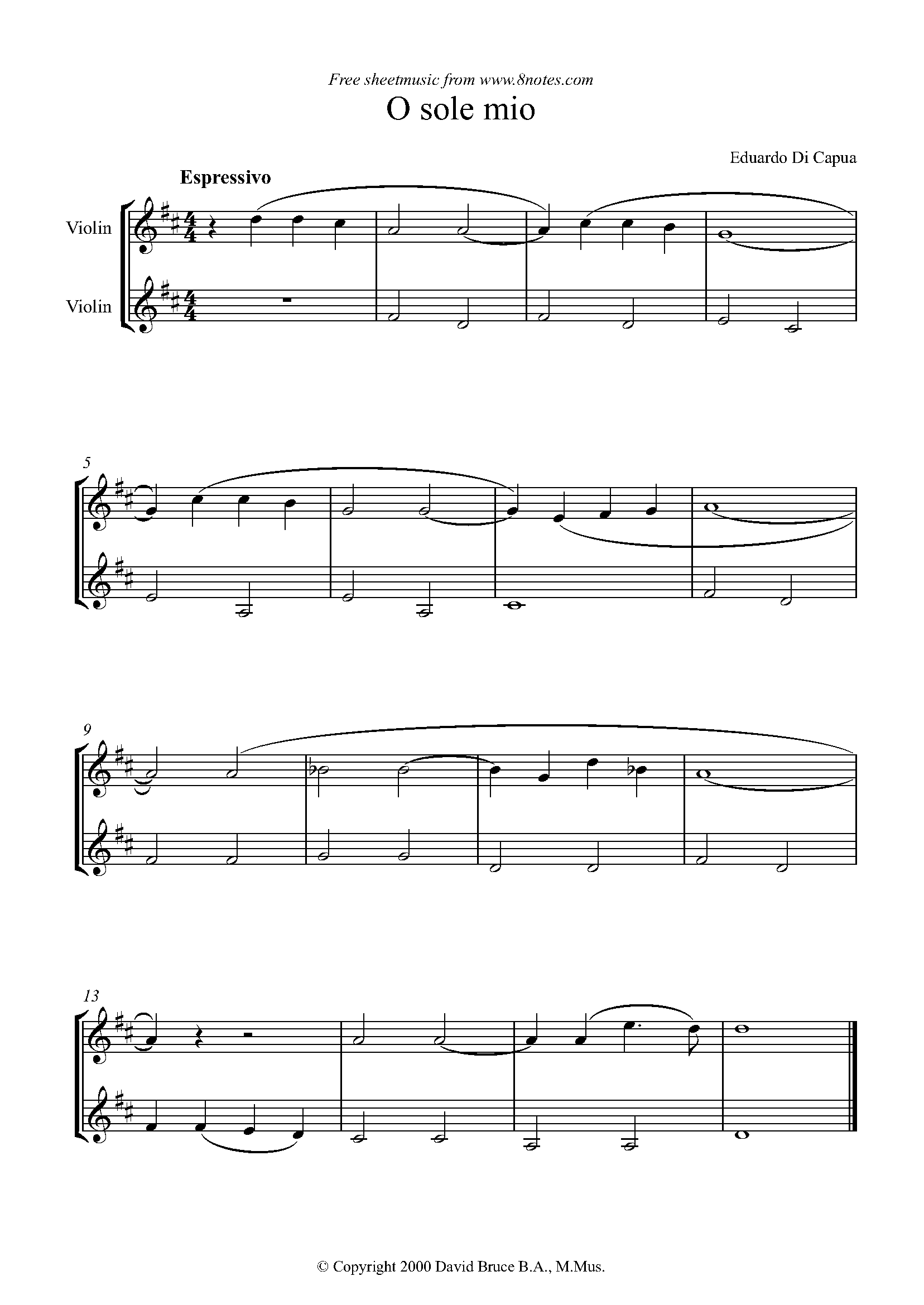 Di Capua O Sole Mio Sheet Music For Violin Duet 8notes Com
