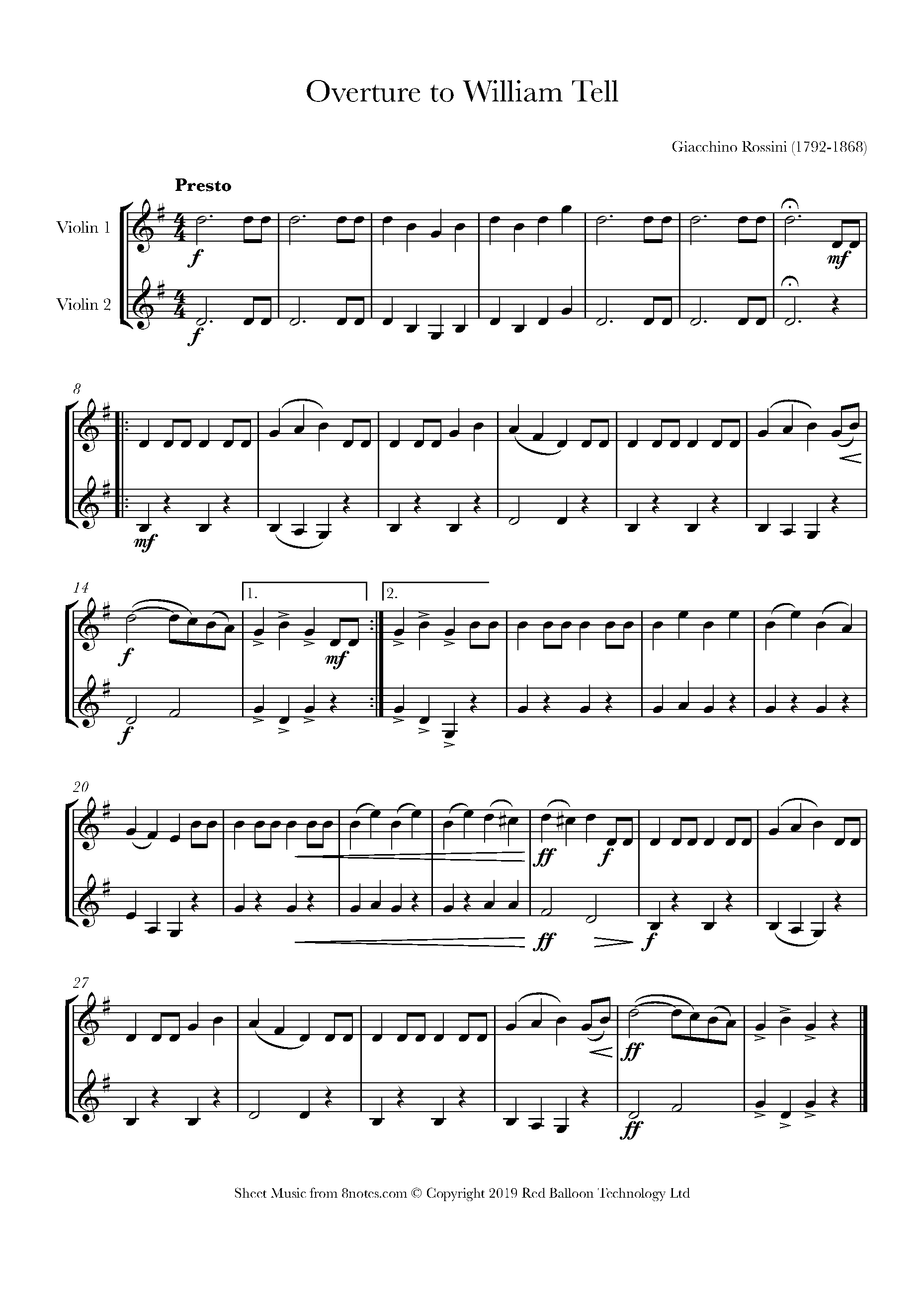 Rossini William Tell Overture Sheet music for Violin Duet