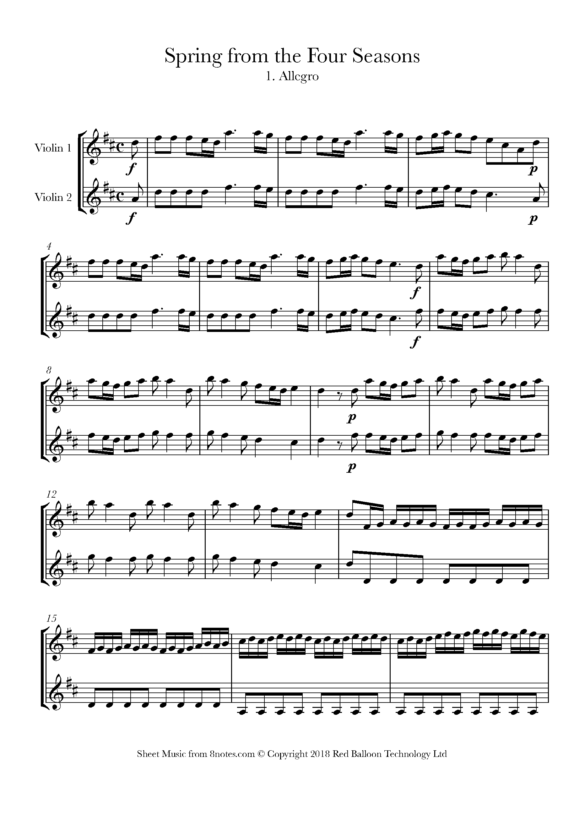 Vivaldi Spring From The Four Seasons 1 Allegro Sheet Music For 