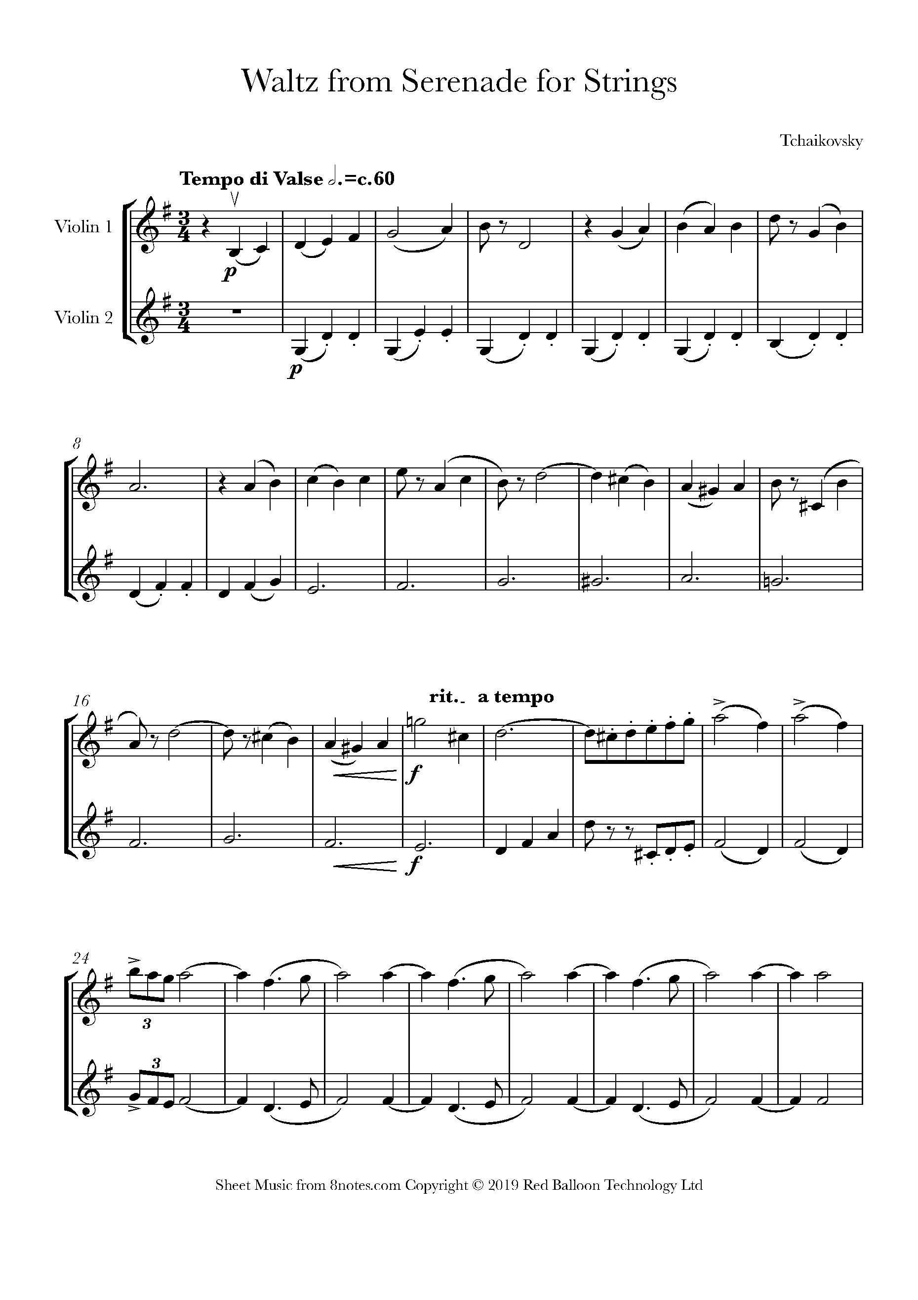 Tchaikovsky Waltz from Serenade for Strings Sheet music for Violin