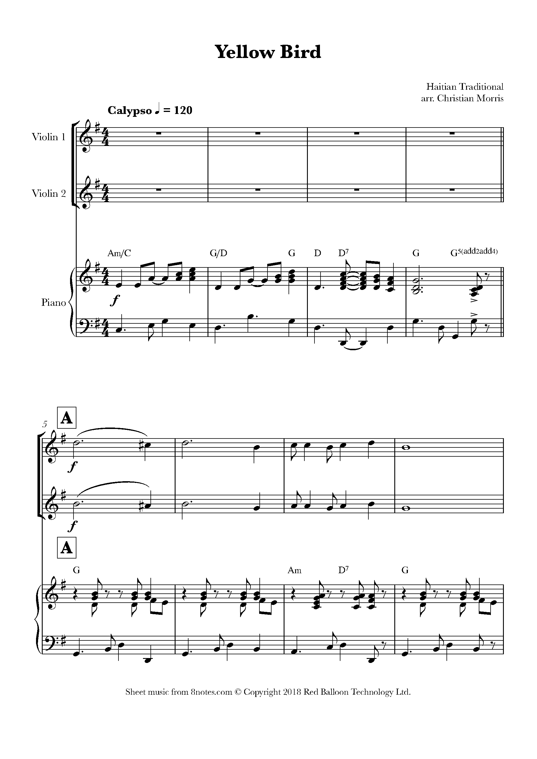 Yellow Bird (Haitian Traditional) Sheet music for Violin Duet