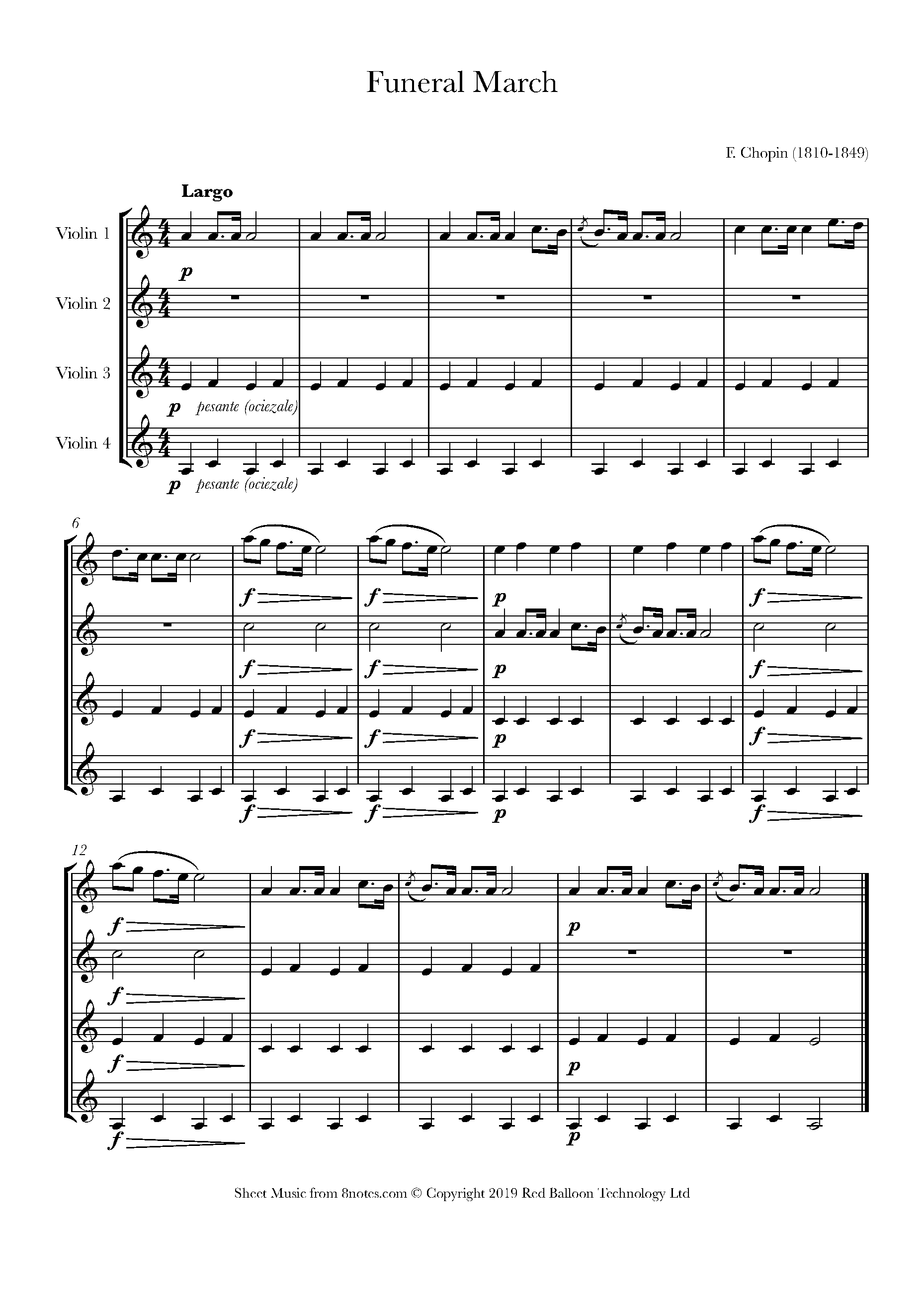 Chopin Funeral March Sheet music for Violin Quartet