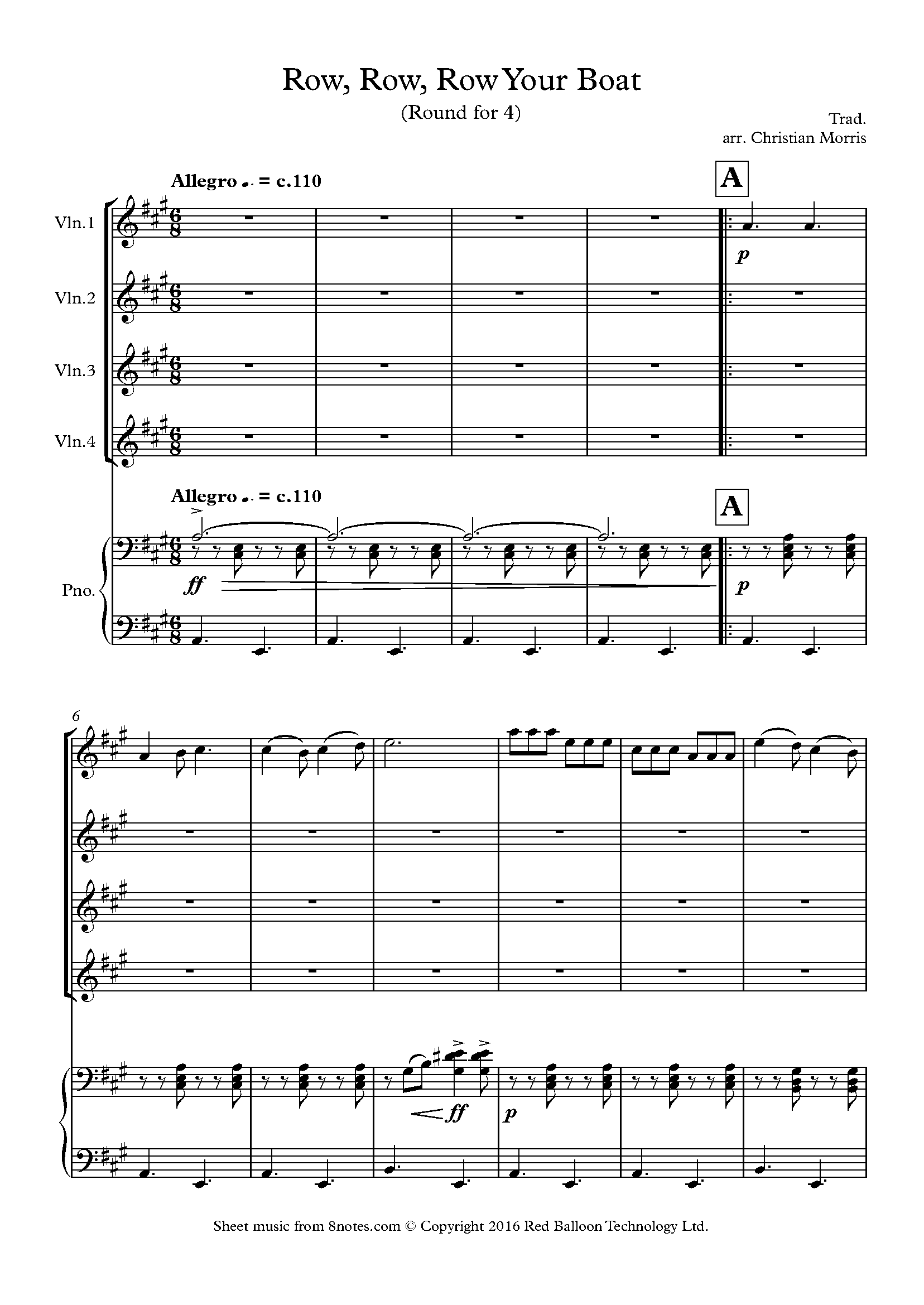 Row, Row, Row your Boat Sheet music for Violin Quartet