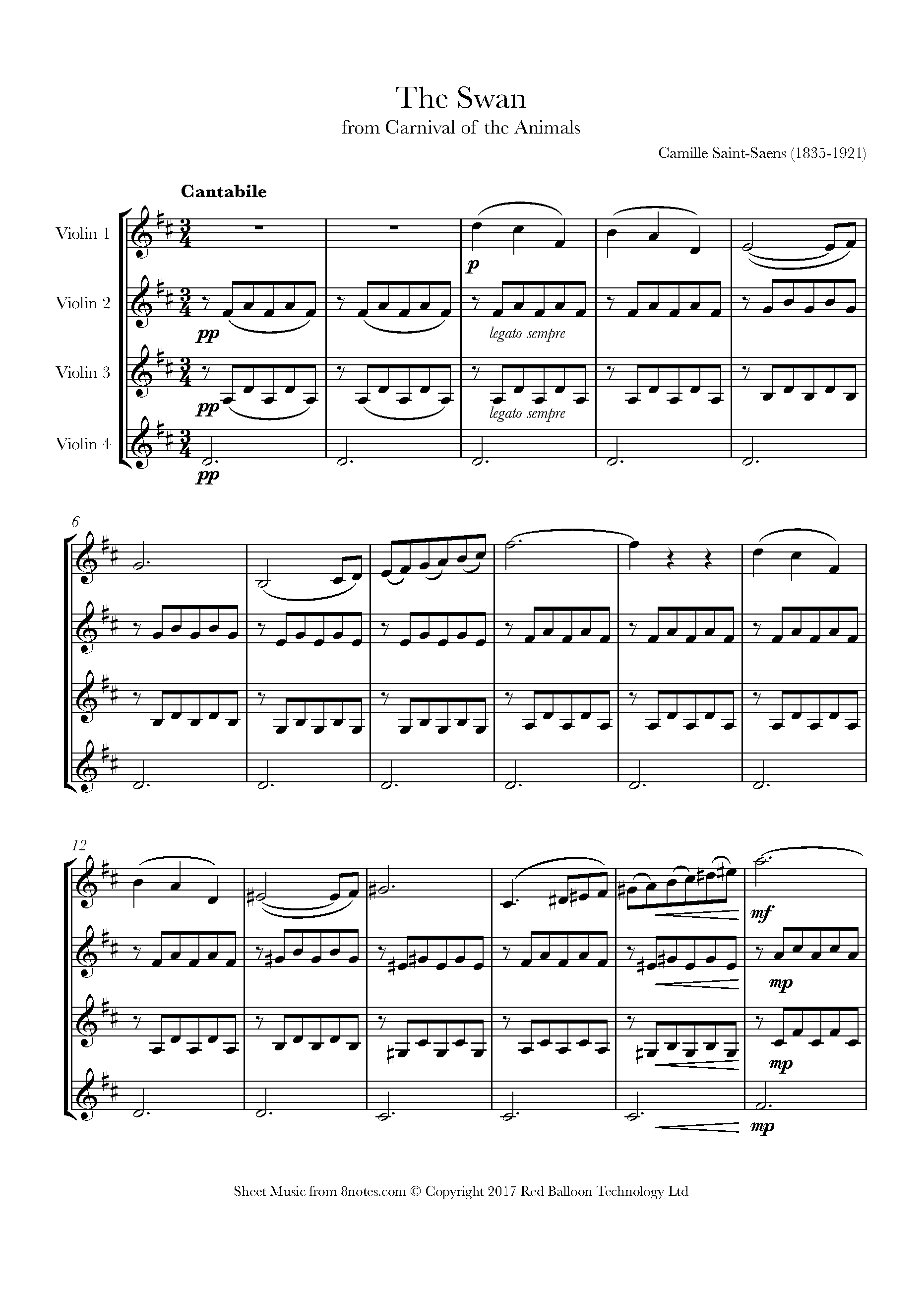 Saint-Saëns - The Swan from Carnival of the Animals Sheet music for Violin  Quartet 