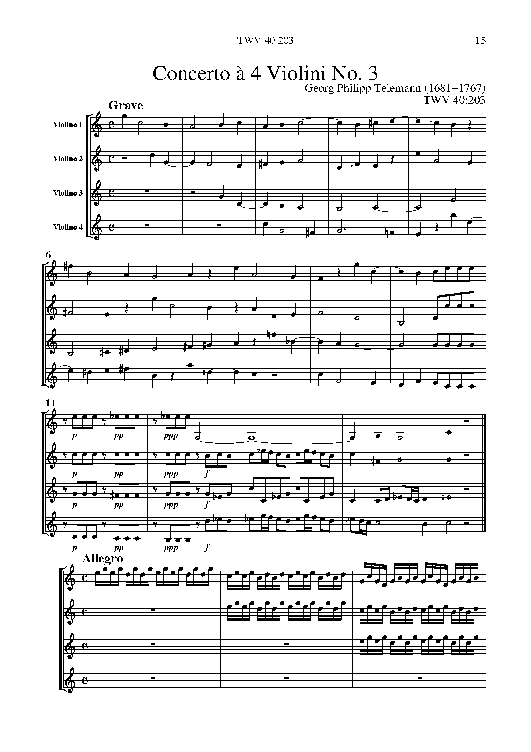 Intim Nøjagtighed Forøge Telemann, Georg Philipp - Concerto No.3 for 4 Violins TWV 40:203 Sheet  music for Violin Quartet - 8notes.com