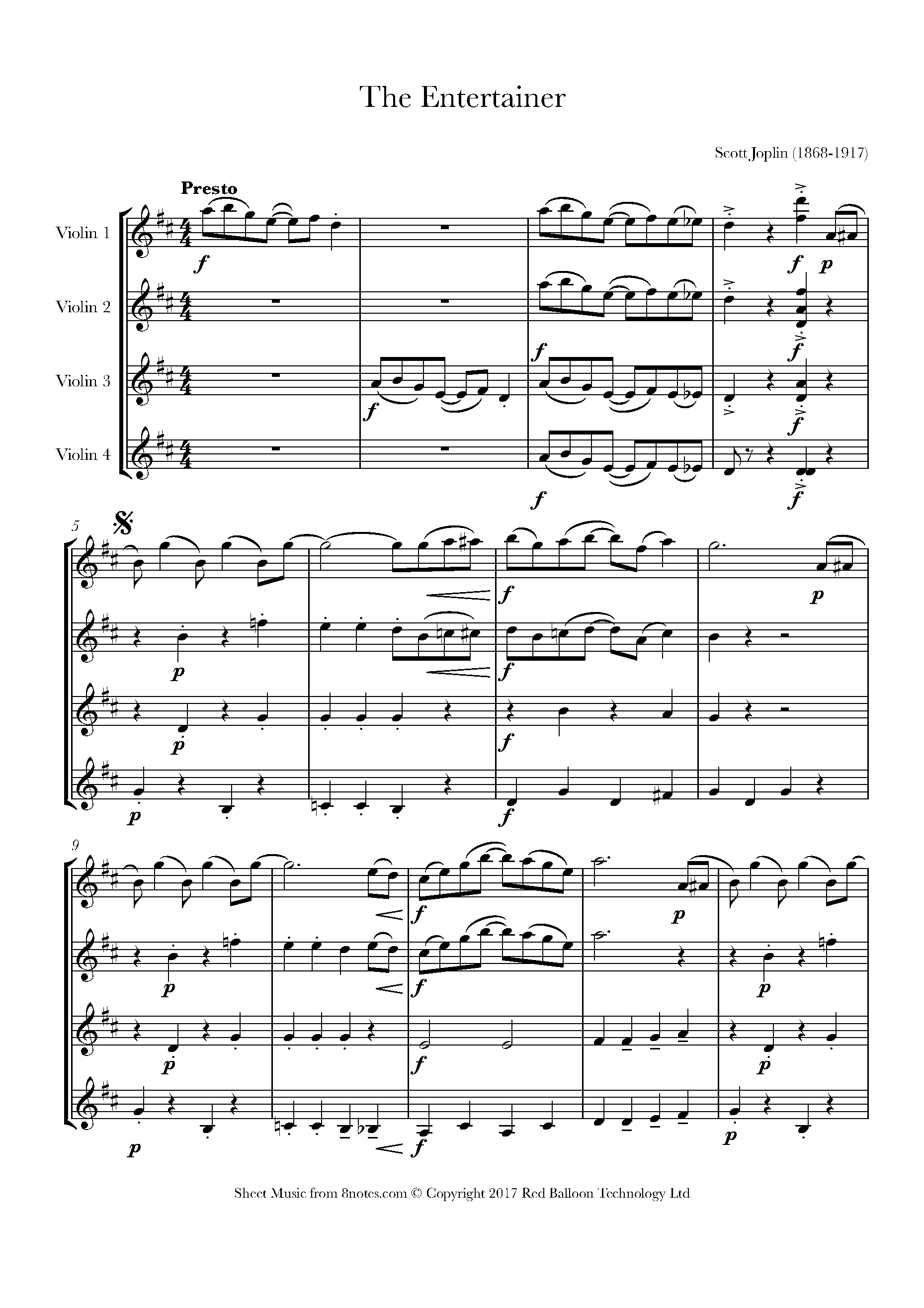 Scott Joplin The Entertainer for Violin Quartet Free Sheet music for Violin Quartet 8notes
