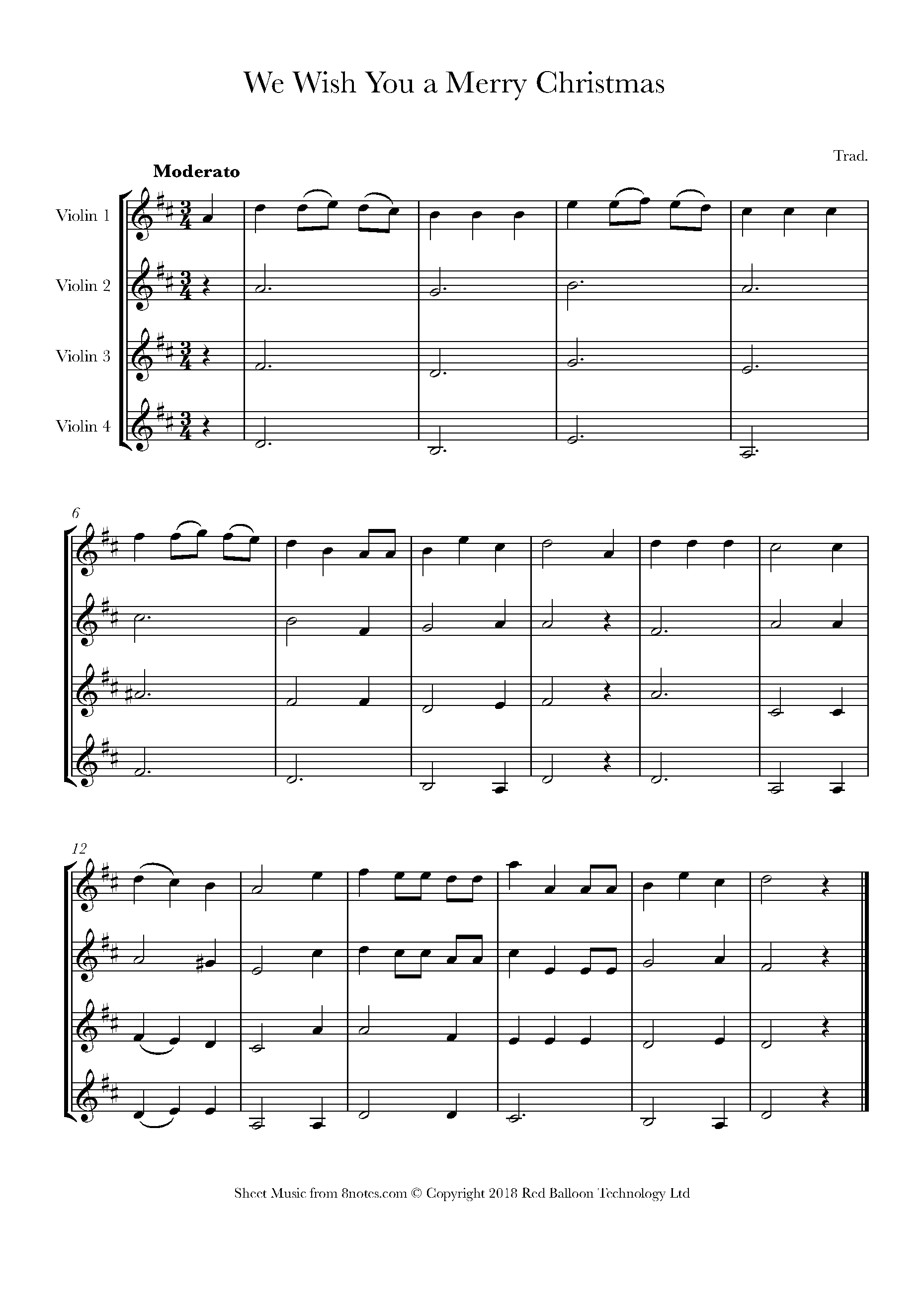 We Wish you a Merry Christmas Sheet music for Violin Quartet - 8notes.com