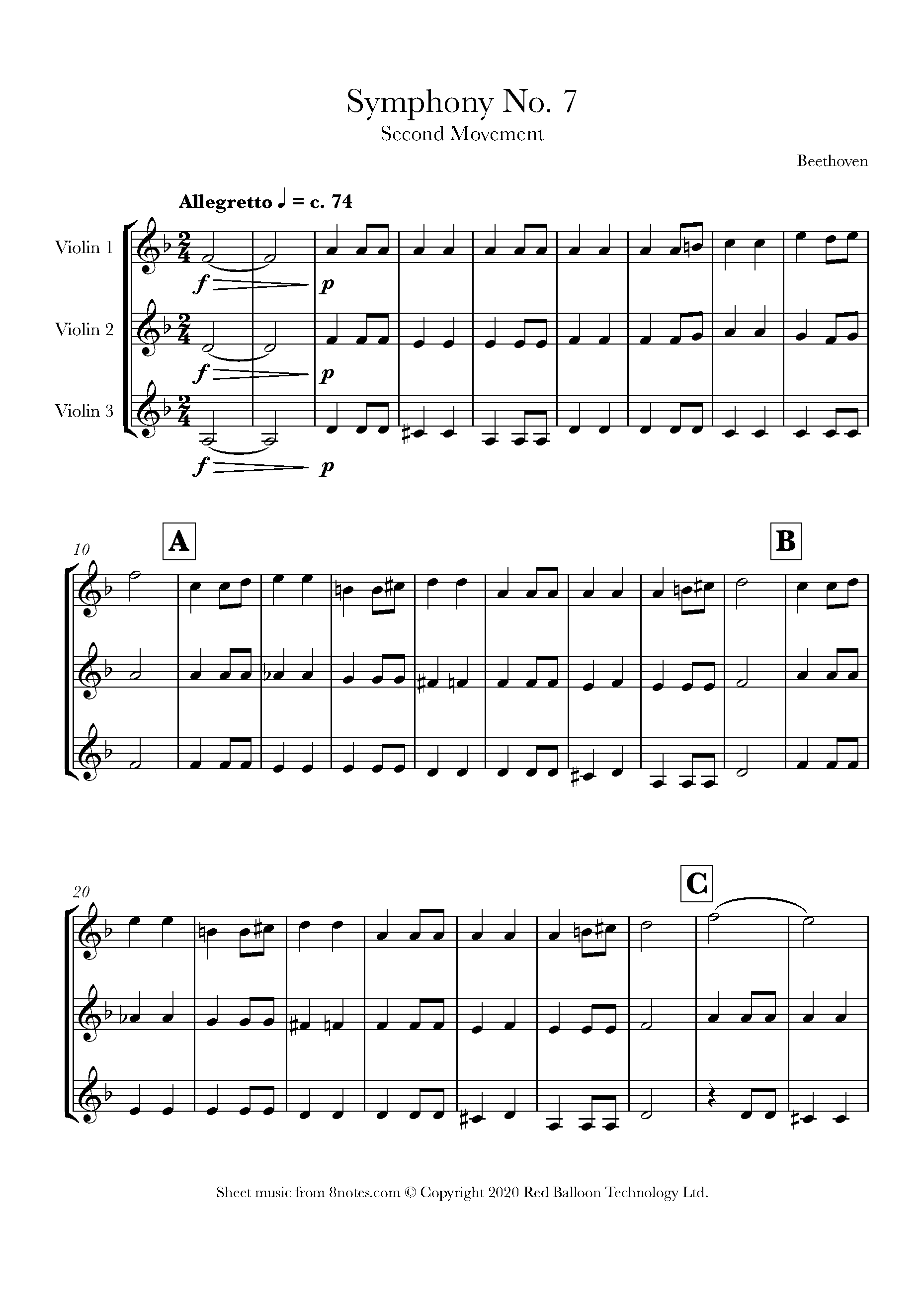 Beethoven - 7th Symphony 2nd mvt theme Sheet music for Violin Trio ...