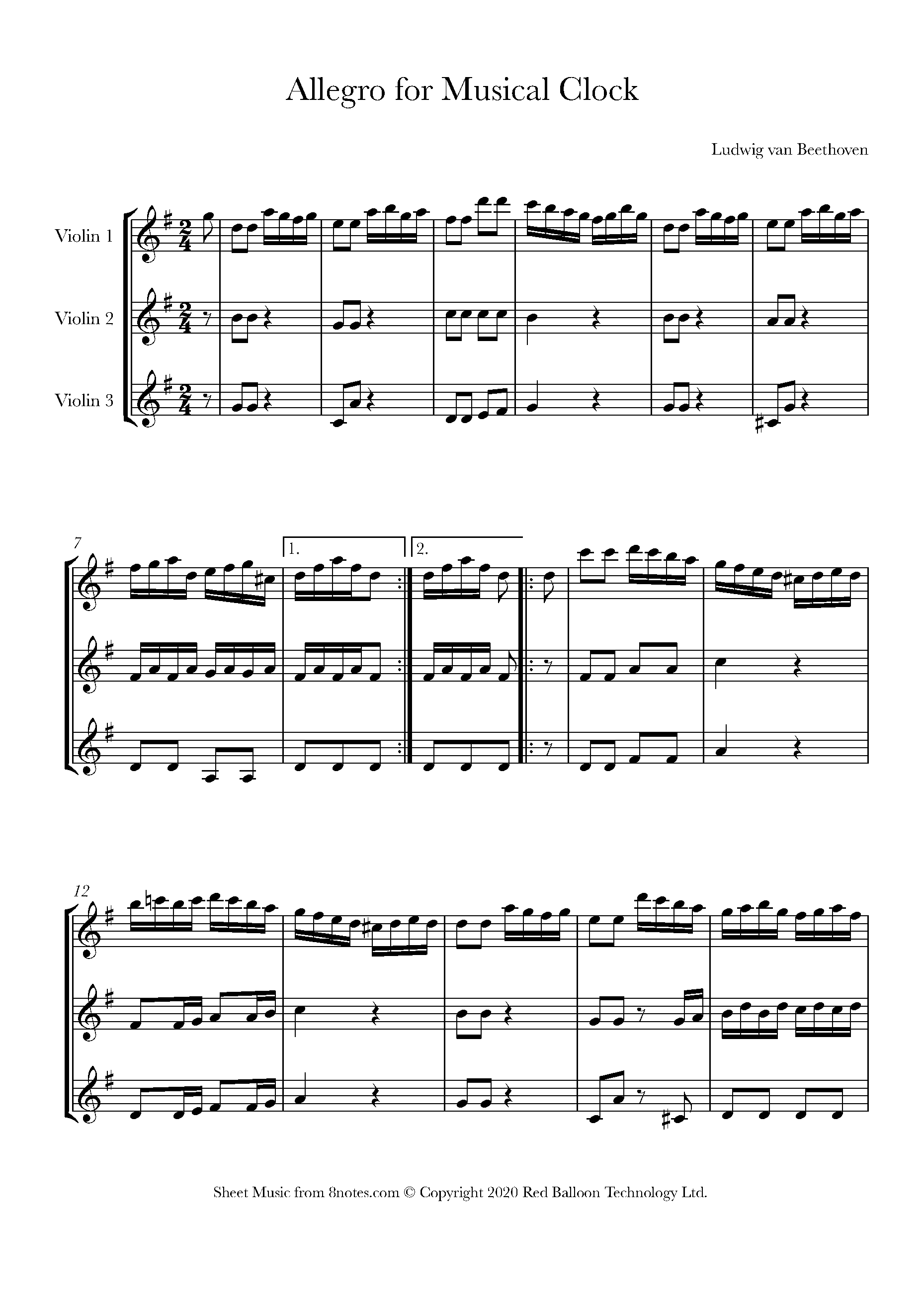 Beethoven Allegro for Musical Clock Sheet music for Violin Trio