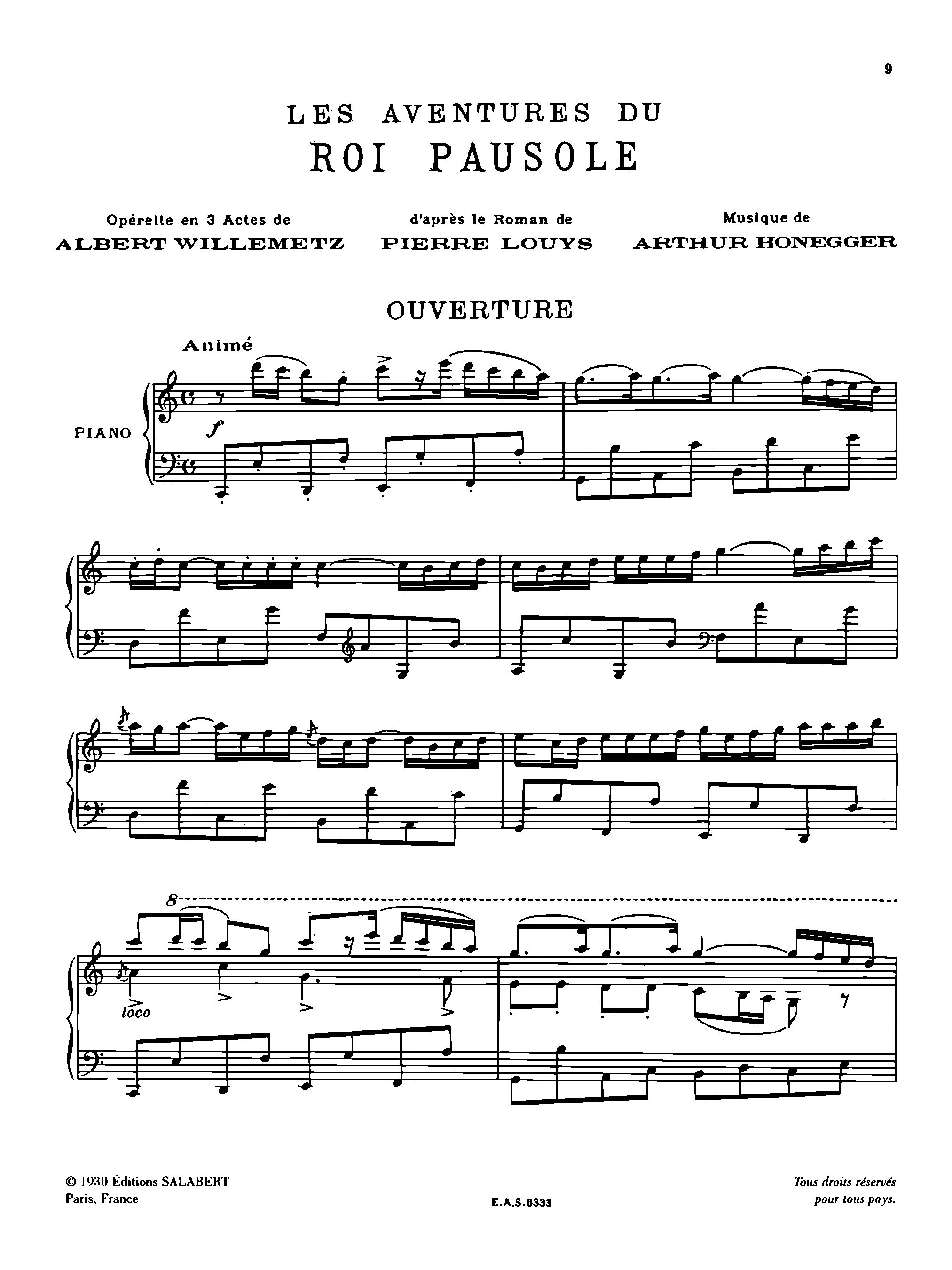 Les aventures du roi Pausole, H.76 by Arthur Honegger Sheet Music arranged by 8notes.com for Vocal Score - 1 of 156 pages
