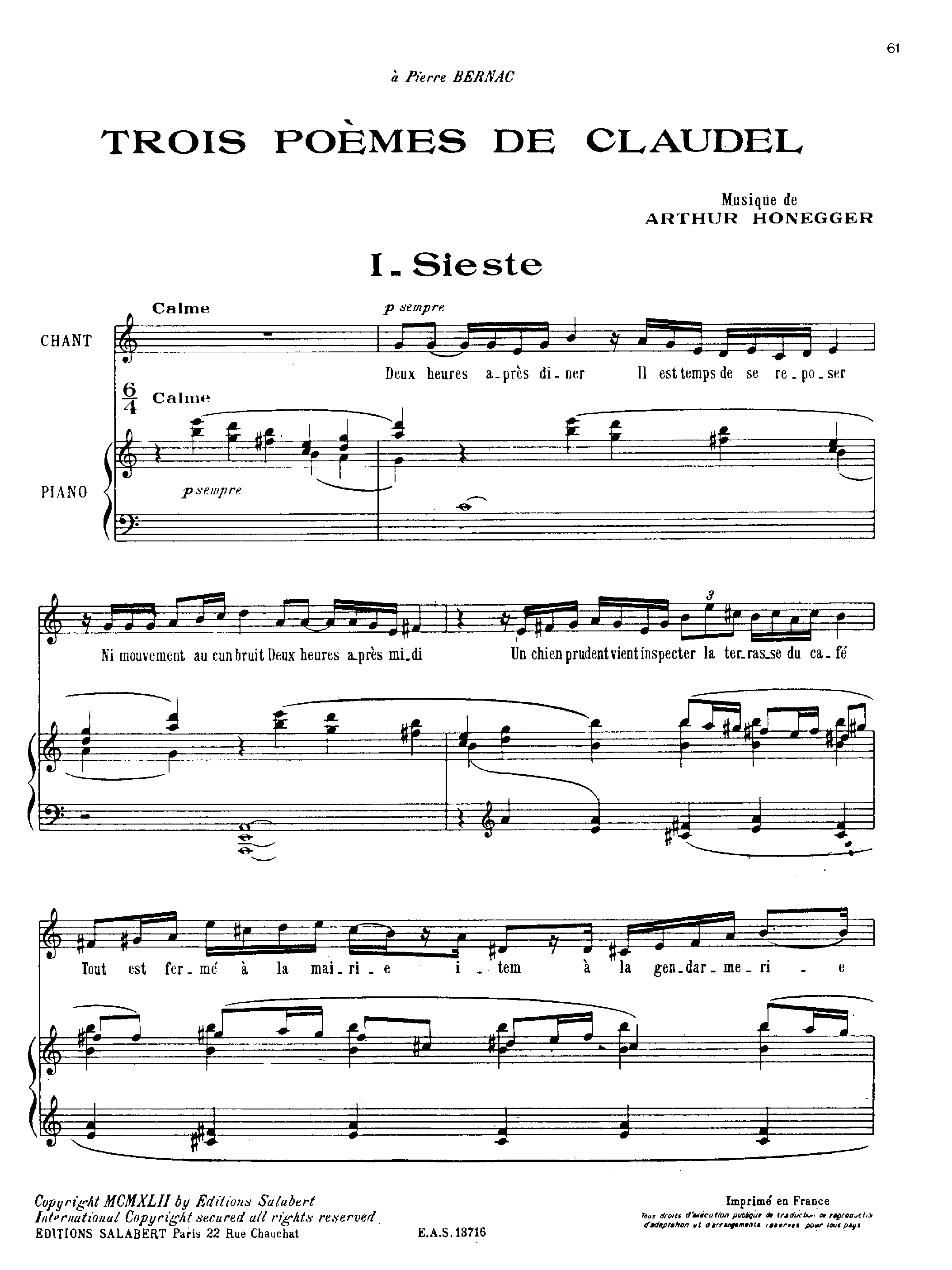 3 Poemes de Claudel, H.138 by Arthur Honegger Sheet Music arranged by 8notes.com for Voice - 1 of 10 pages