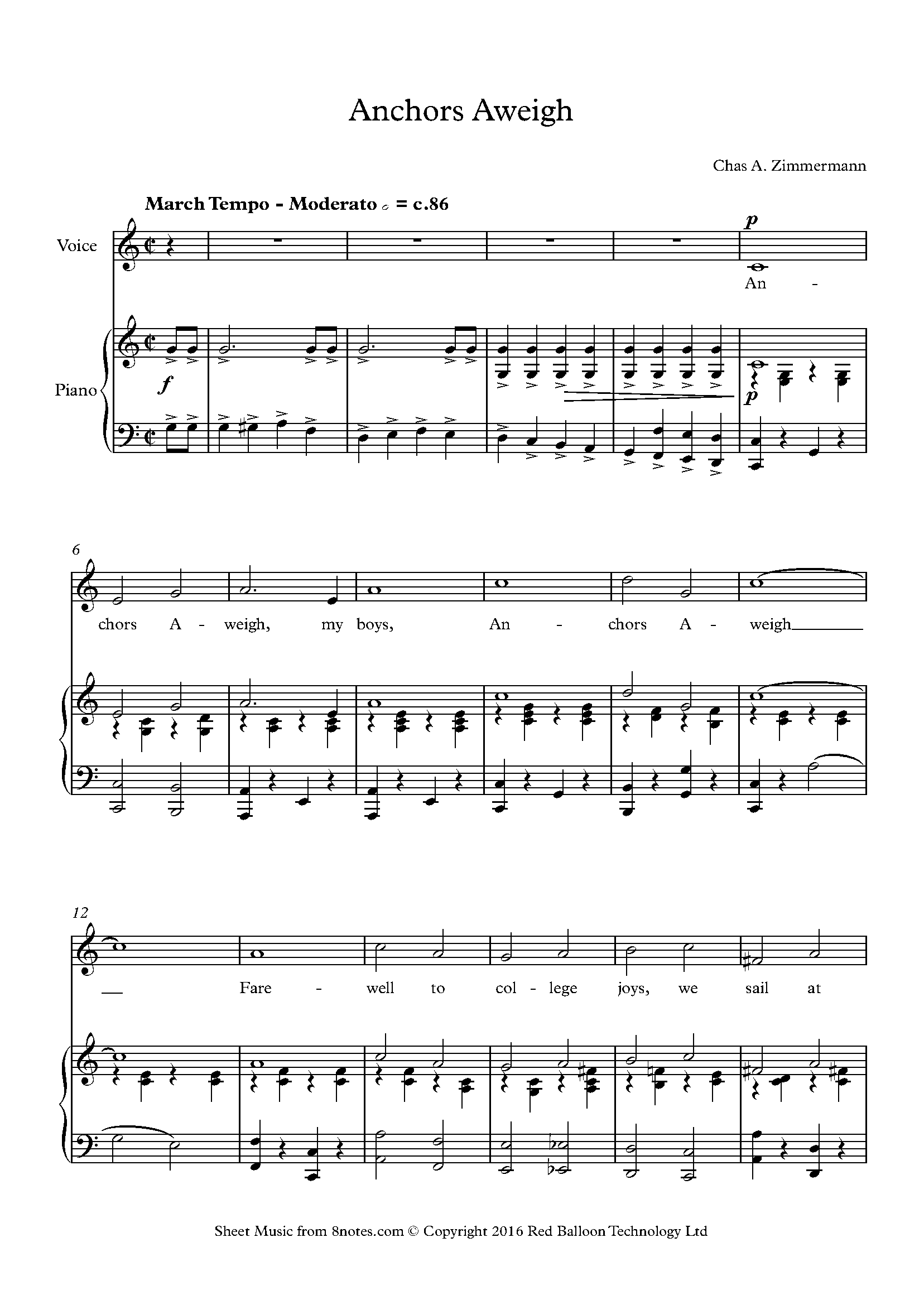 Chas A Zimmermann Anchors Aweigh Sheet music for Voice