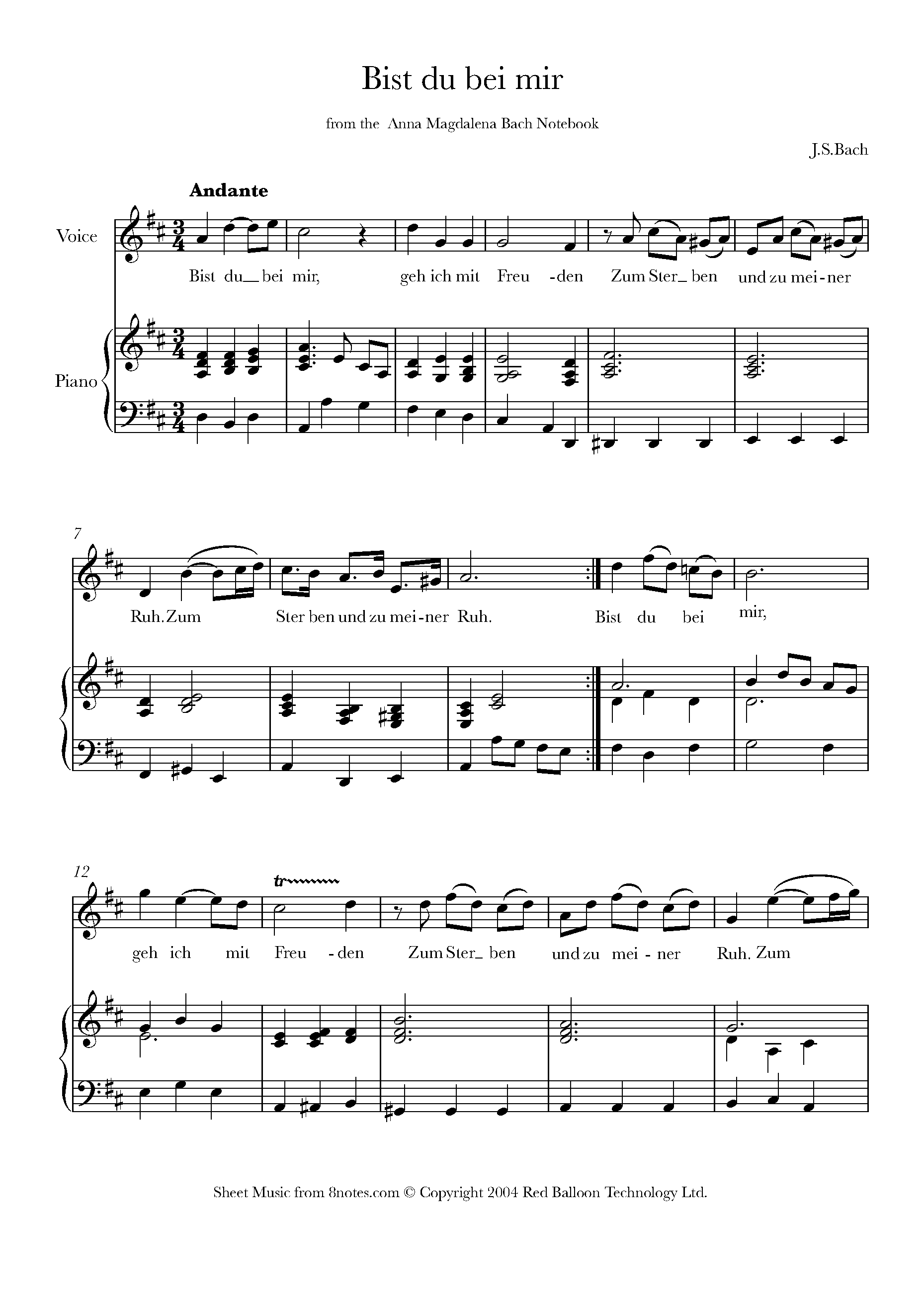 Bach Bist Du Bei Mir Sheet Music For Voice 8notes Com