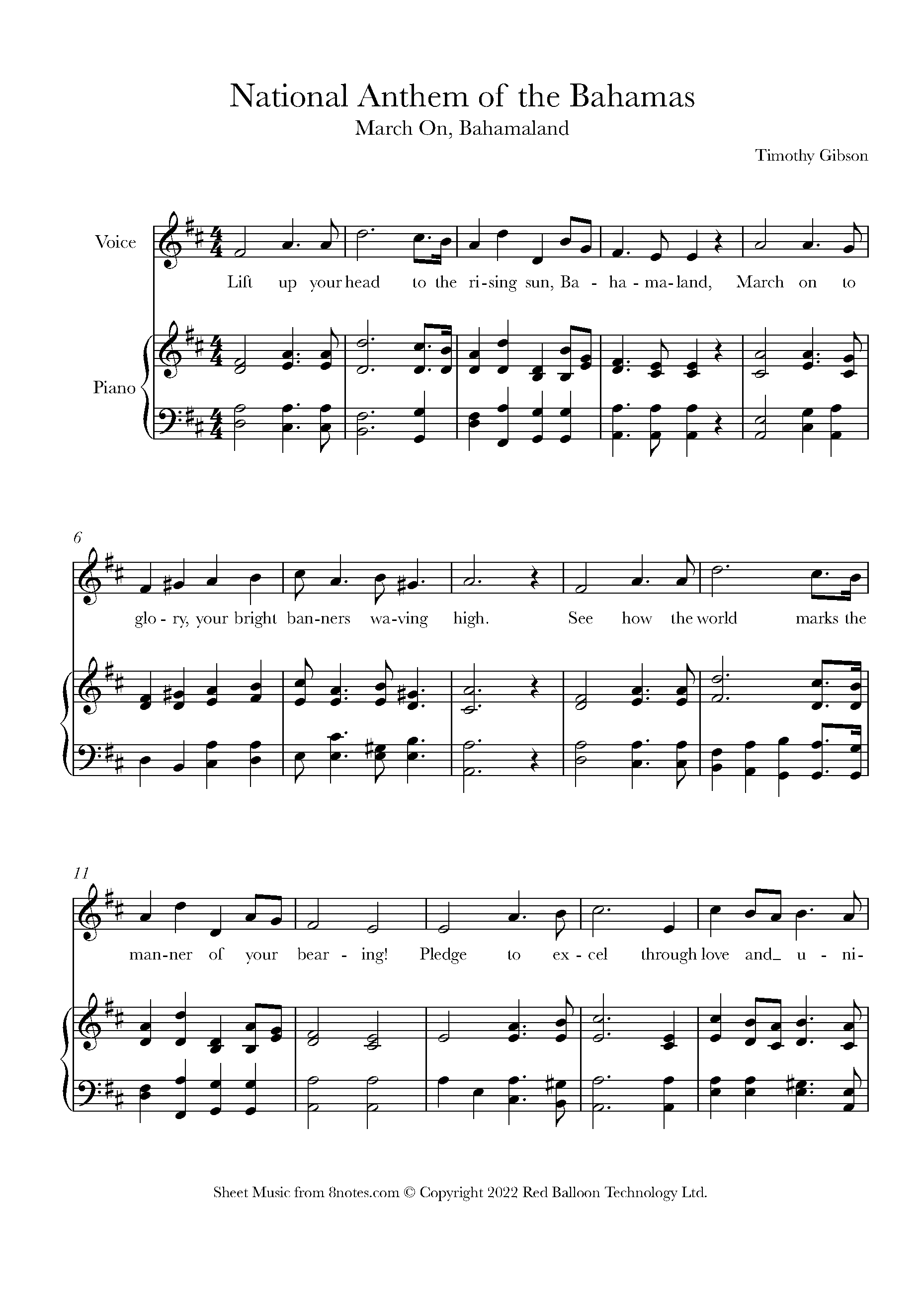 National Anthem Of The Bahamas March On Bahamaland Sheet Music For 