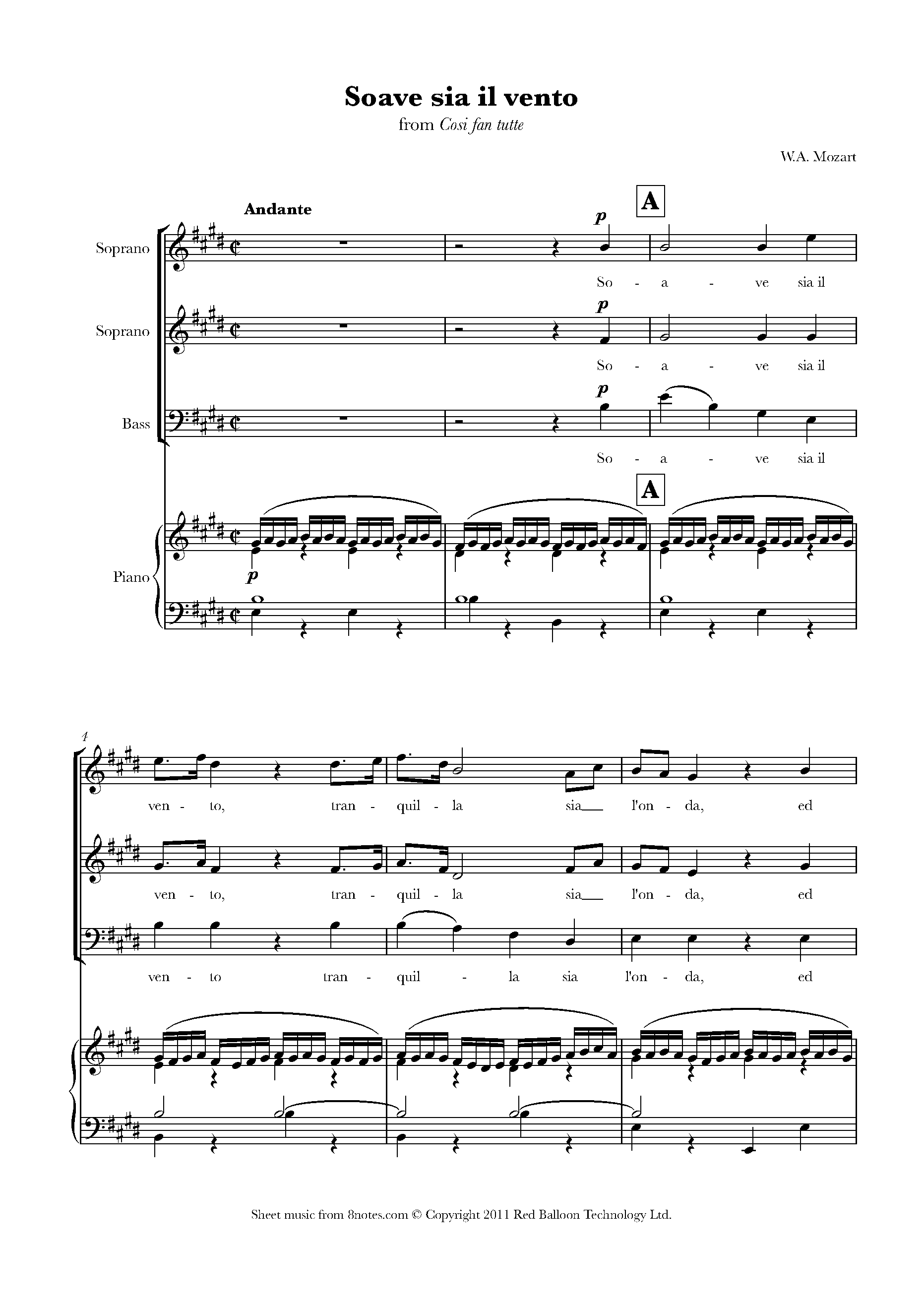 Mozart Soave Sia Il Vento From Cosi Fan Tutte Trio Sheet Music For Voice 8notes Com