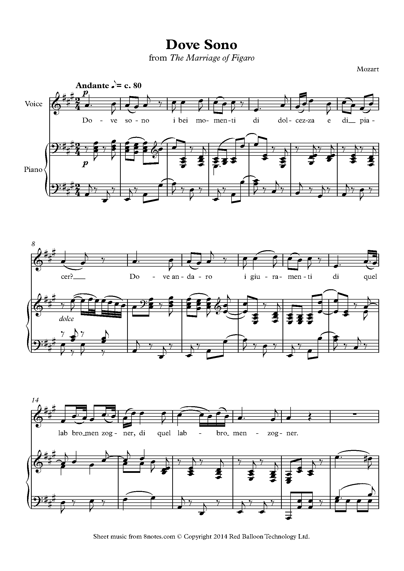 Mozart Dove Sono From The Marriage Of Figaro Sheet Music For Voice 8notes Com