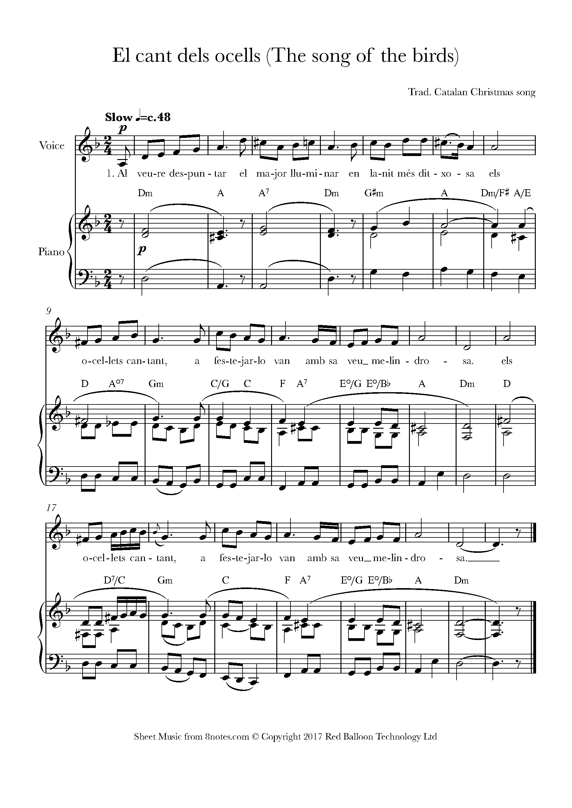 El Cant Dels Ocells The Song Of The Birds Trad Catalan Christmas Song Sheet Music For Voice 8notes Com