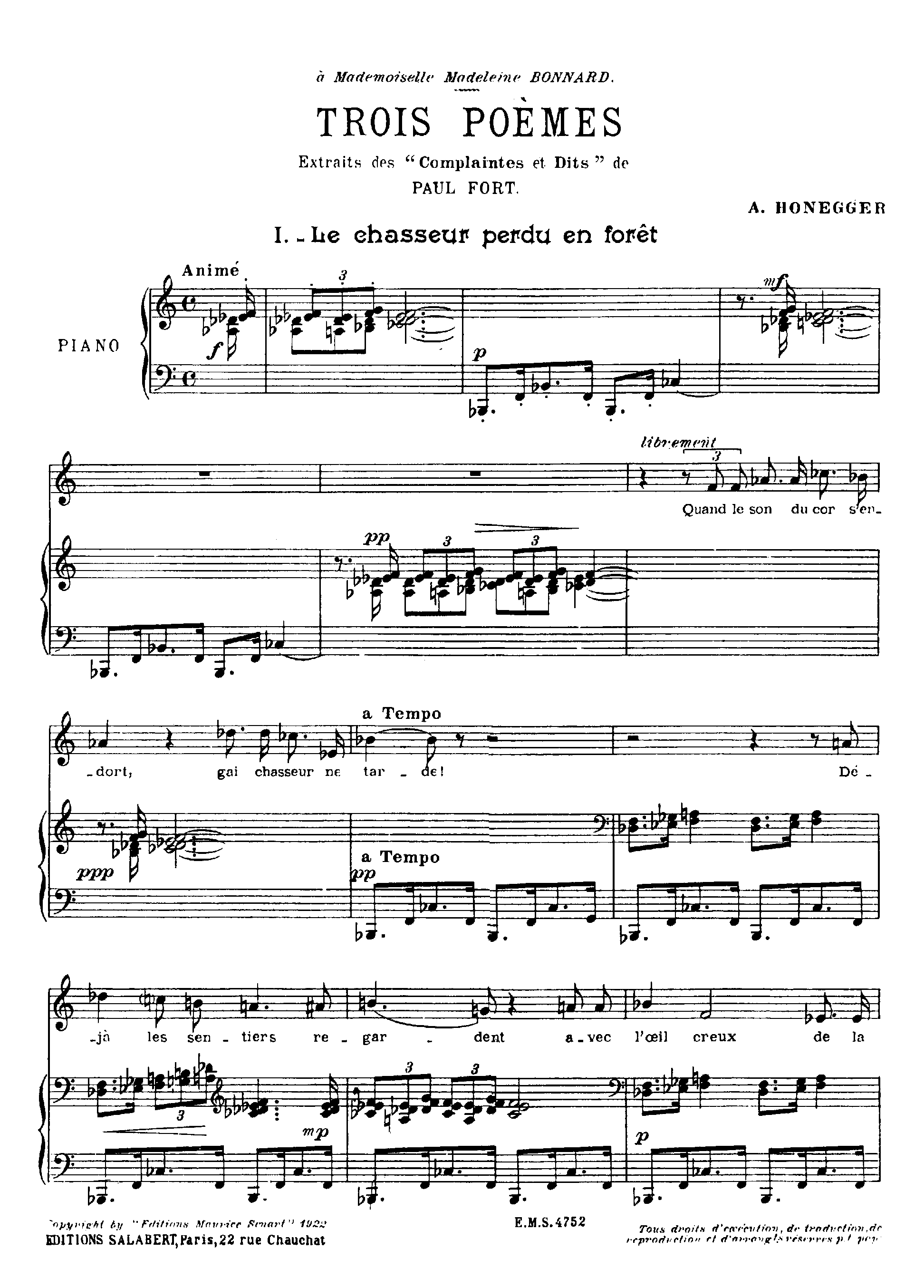 3 Poemes de Paul Fort, H.9 by Arthur Honegger Sheet Music arranged by 8notes.com for Voice - 1 of 9 pages