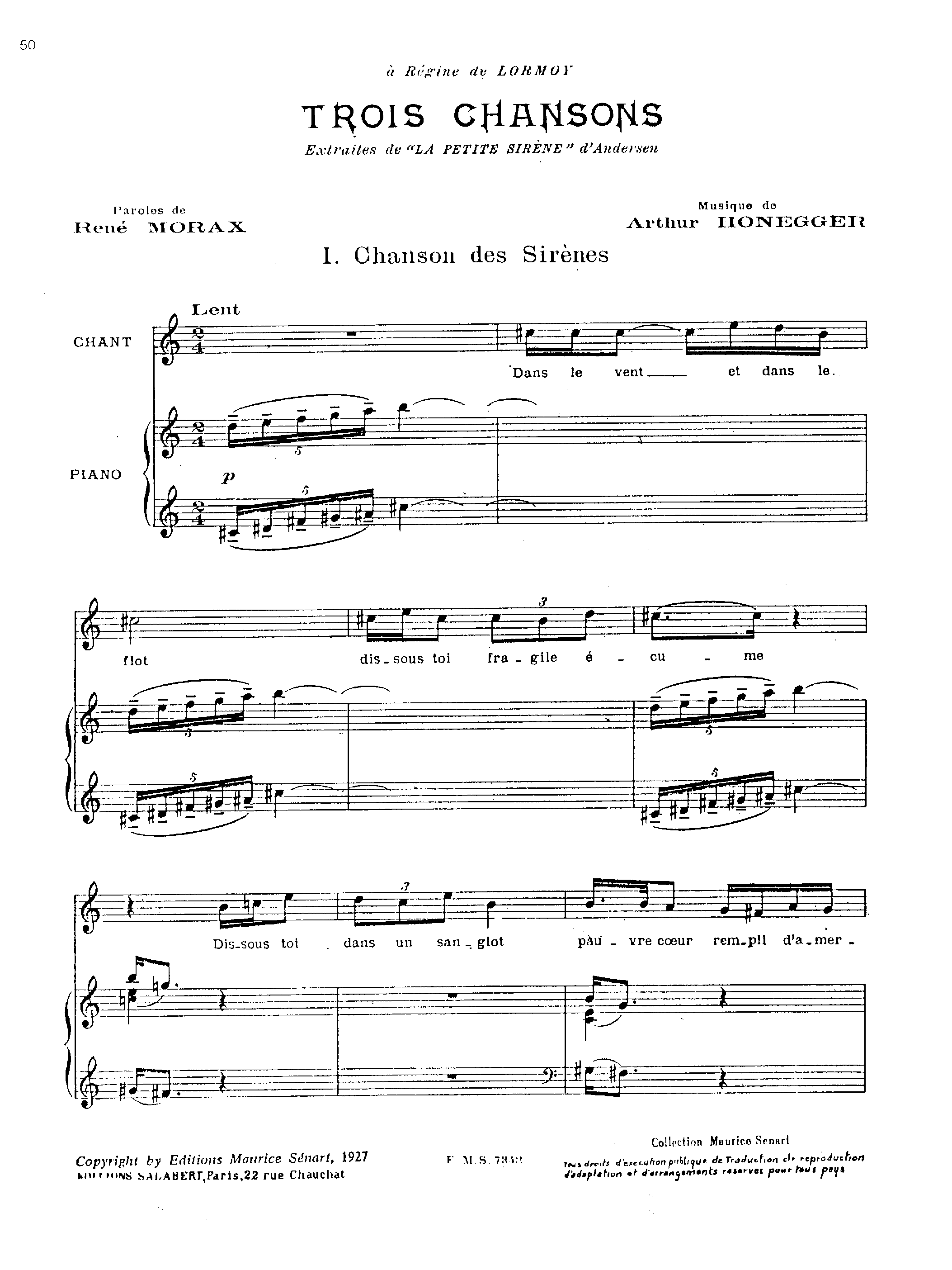 3 Chansons de 'La petite sirene', H.63 by Arthur Honegger Sheet Music arranged by 8notes.com for Voice - 1 of 5 pages