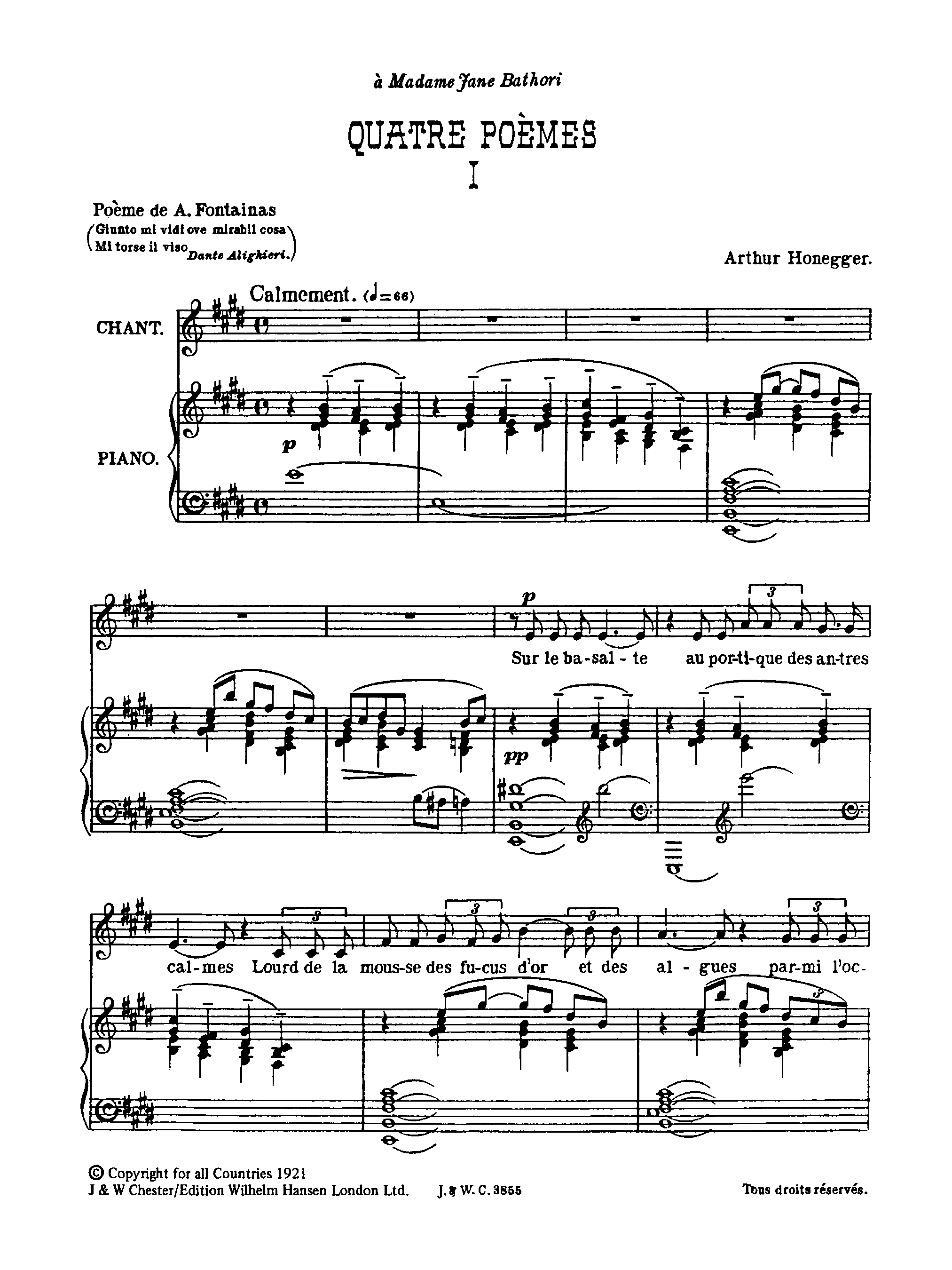 4 Poemes, H.7 by Arthur Honegger Sheet Music arranged by 8notes.com for Voice - 1 of 13 pages