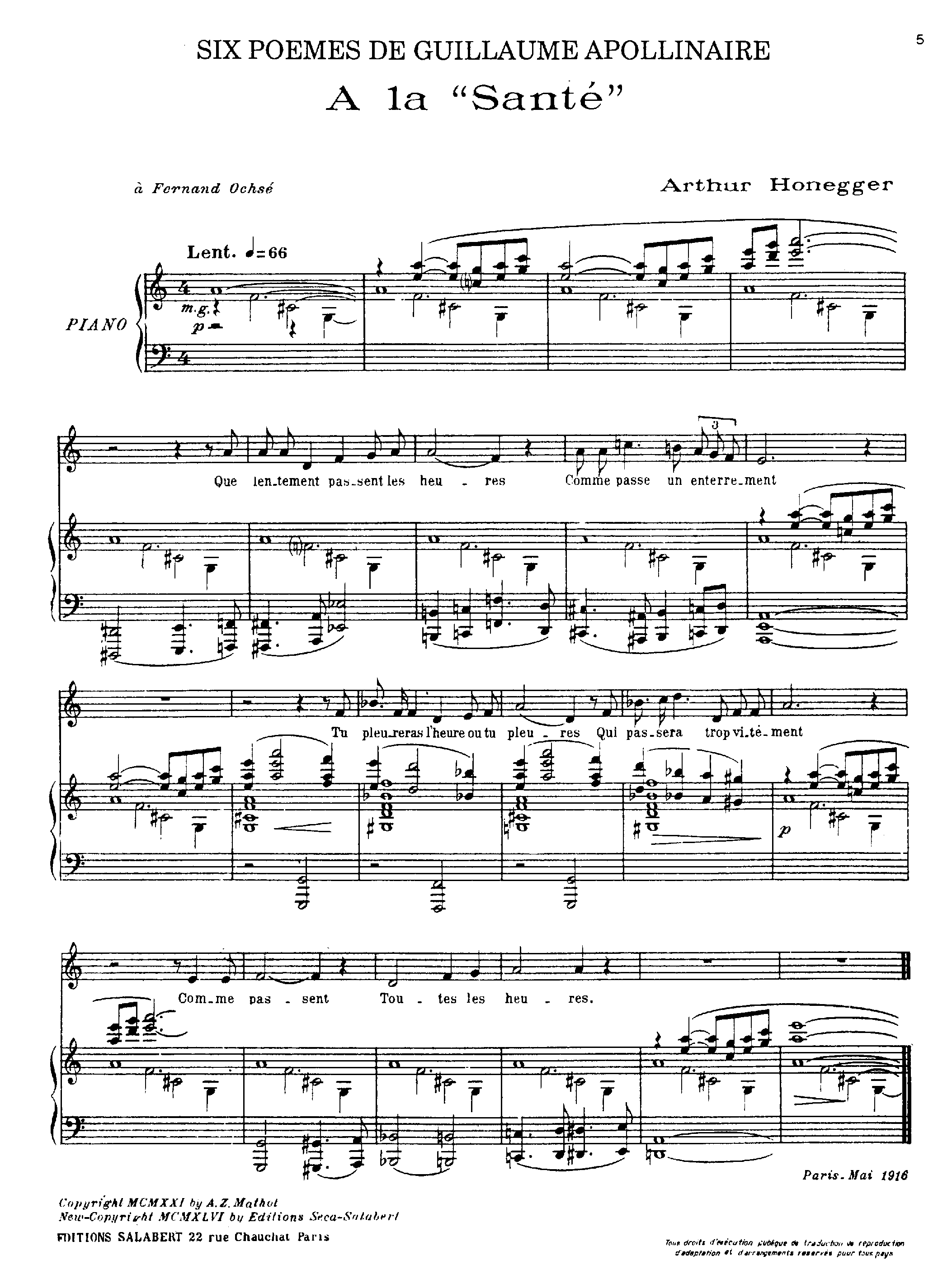 6 Poemes d'Apollinaire, H.12 by Arthur Honegger Sheet Music arranged by 8notes.com for Voice - 1 of 12 pages