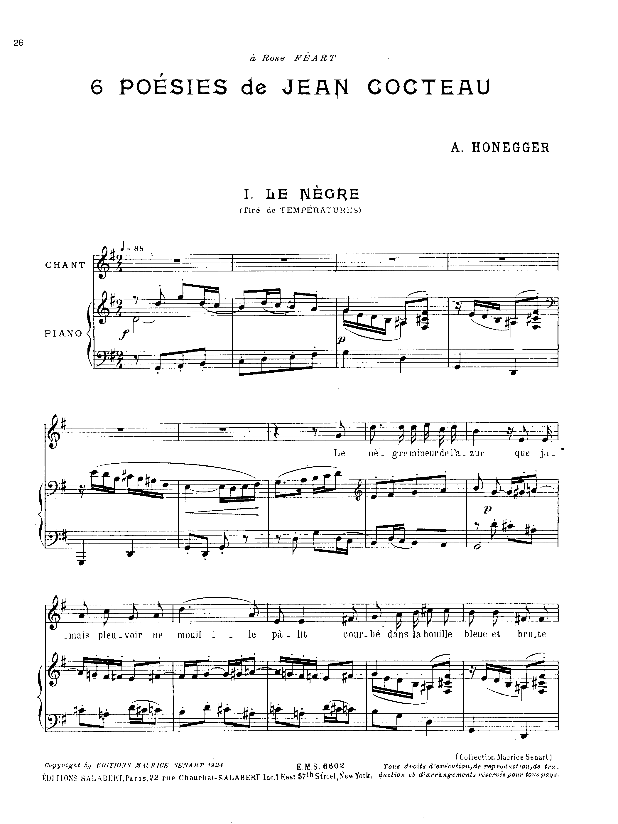 6 Poesies de Jean Cocteau, H.51 by Arthur Honegger Sheet Music arranged by 8notes.com for Voice - 1 of 10 pages