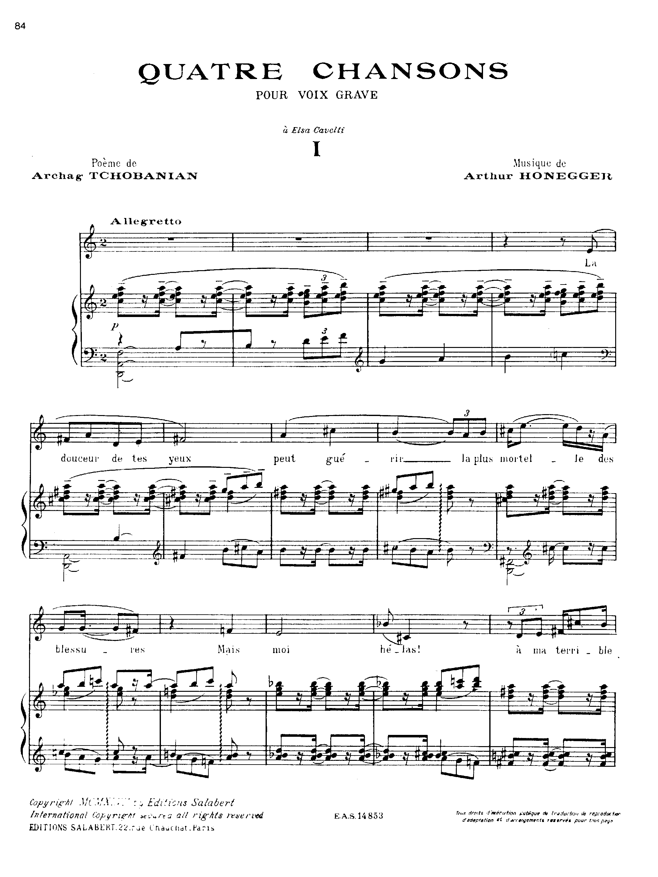4 Chansons pour voix grave, H.184 by Arthur Honegger Sheet Music arranged by 8notes.com for Voice - 1 of 6 pages