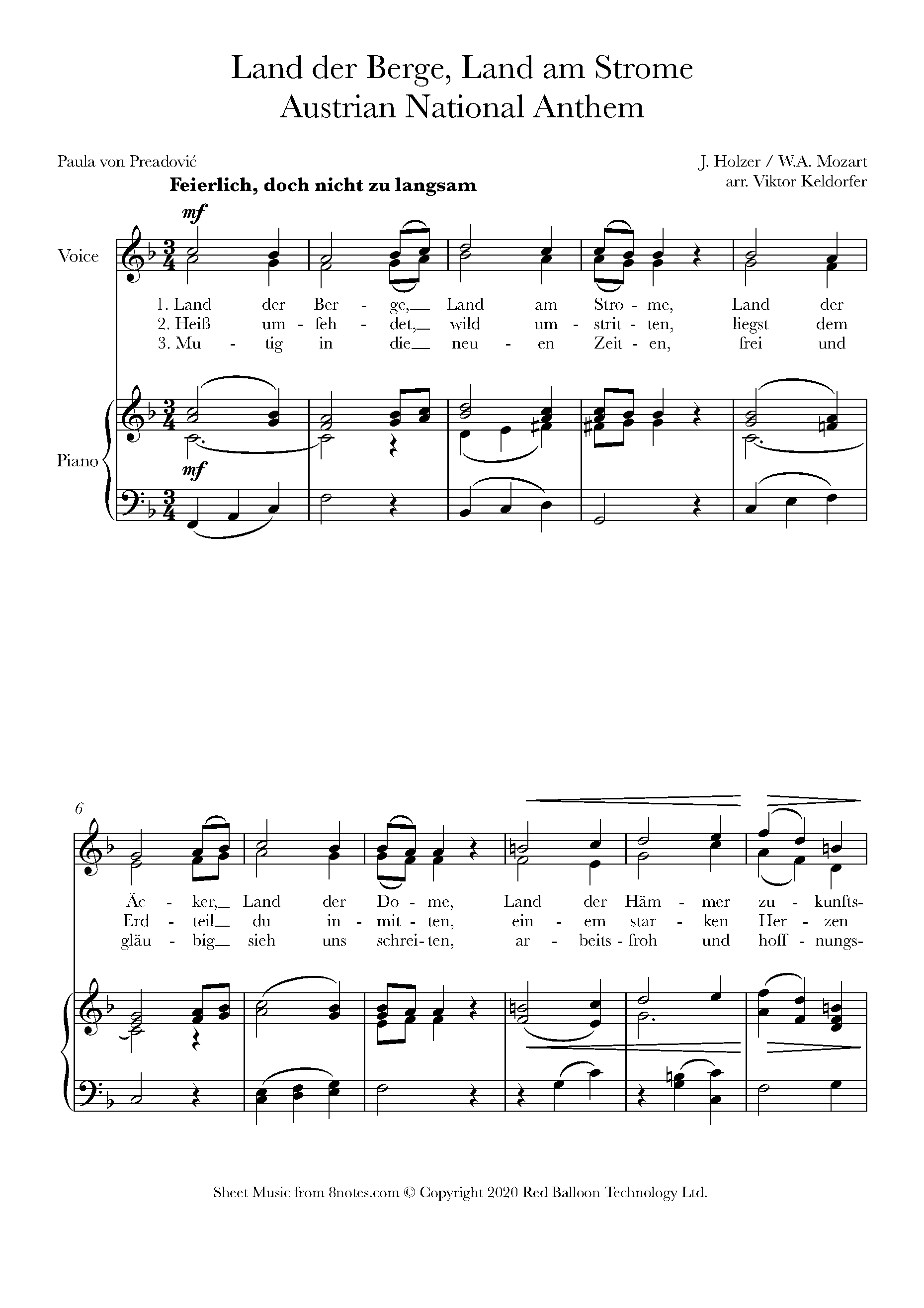 Wolfgang Amadeus Mozart Land Der Berge Land Am Strome Austrian National Anthem Sheet Music For Voice 8notes Com