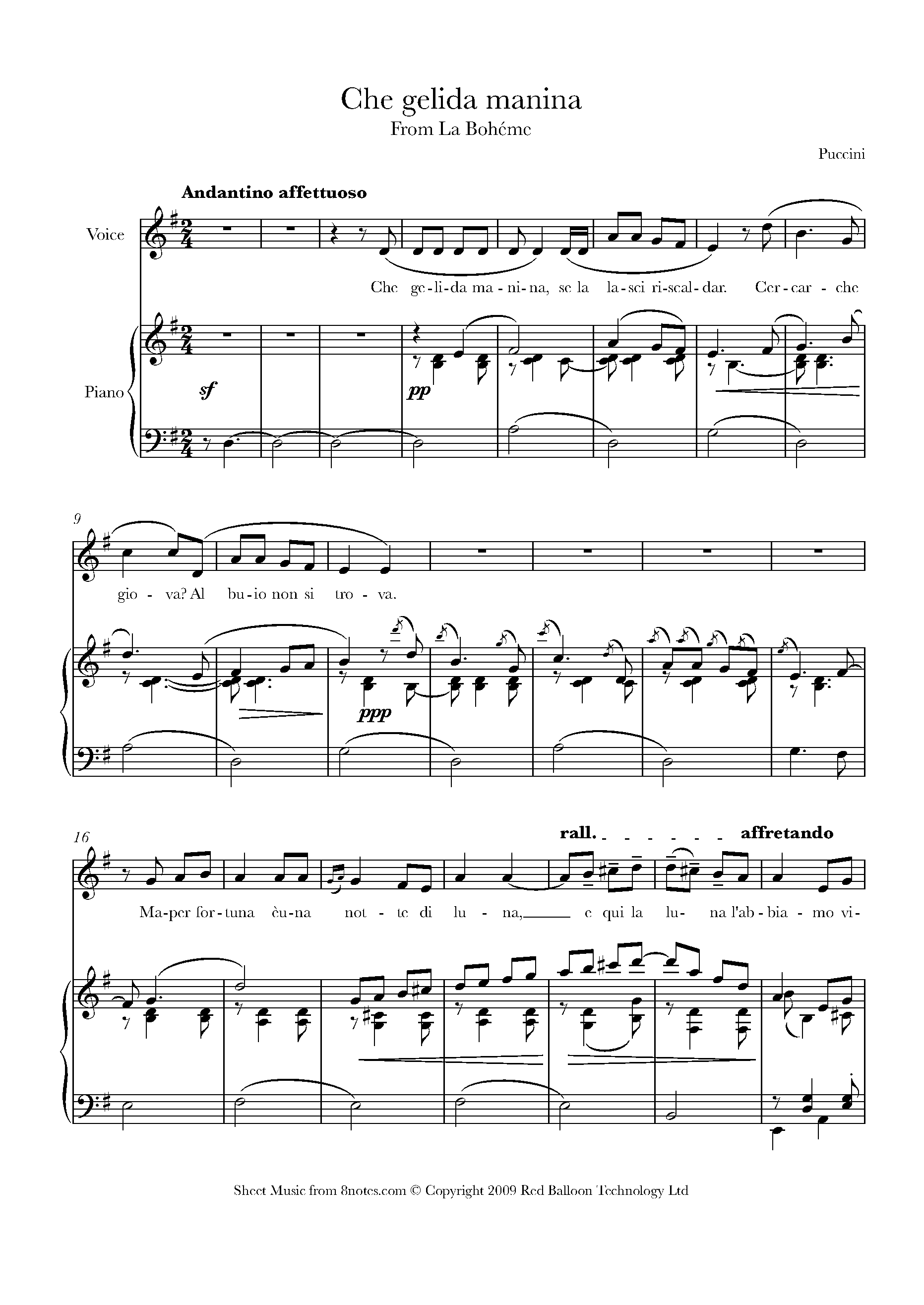 Puccini Che Gelida Manina from La Boheme Sheet music for Voice