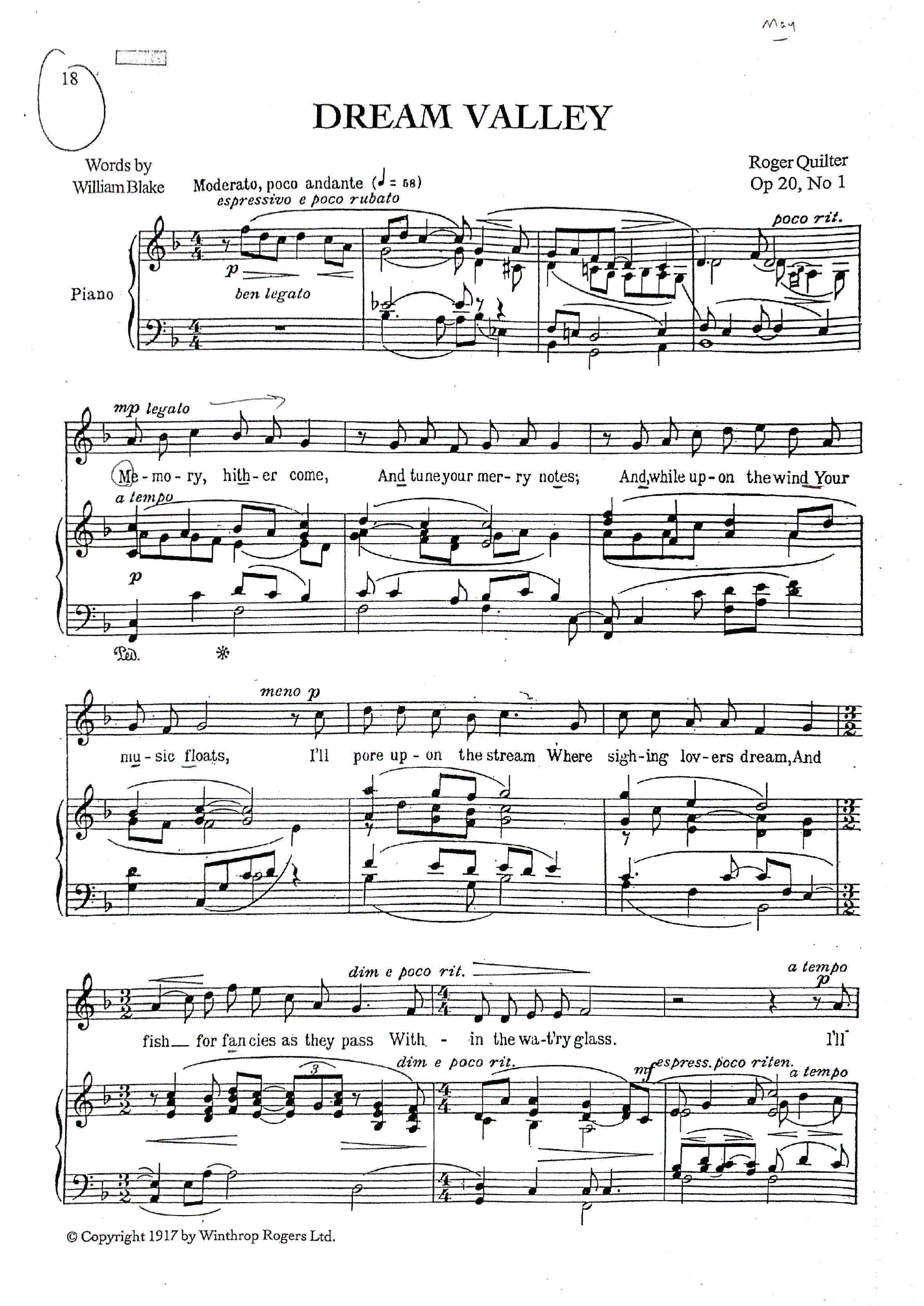 Dream Valley (Op.20 No.1, from 3 Songs of William Blake) by Roger Quilter Sheet Music arranged by 8notes.com for Voice - 1 of 2 pages