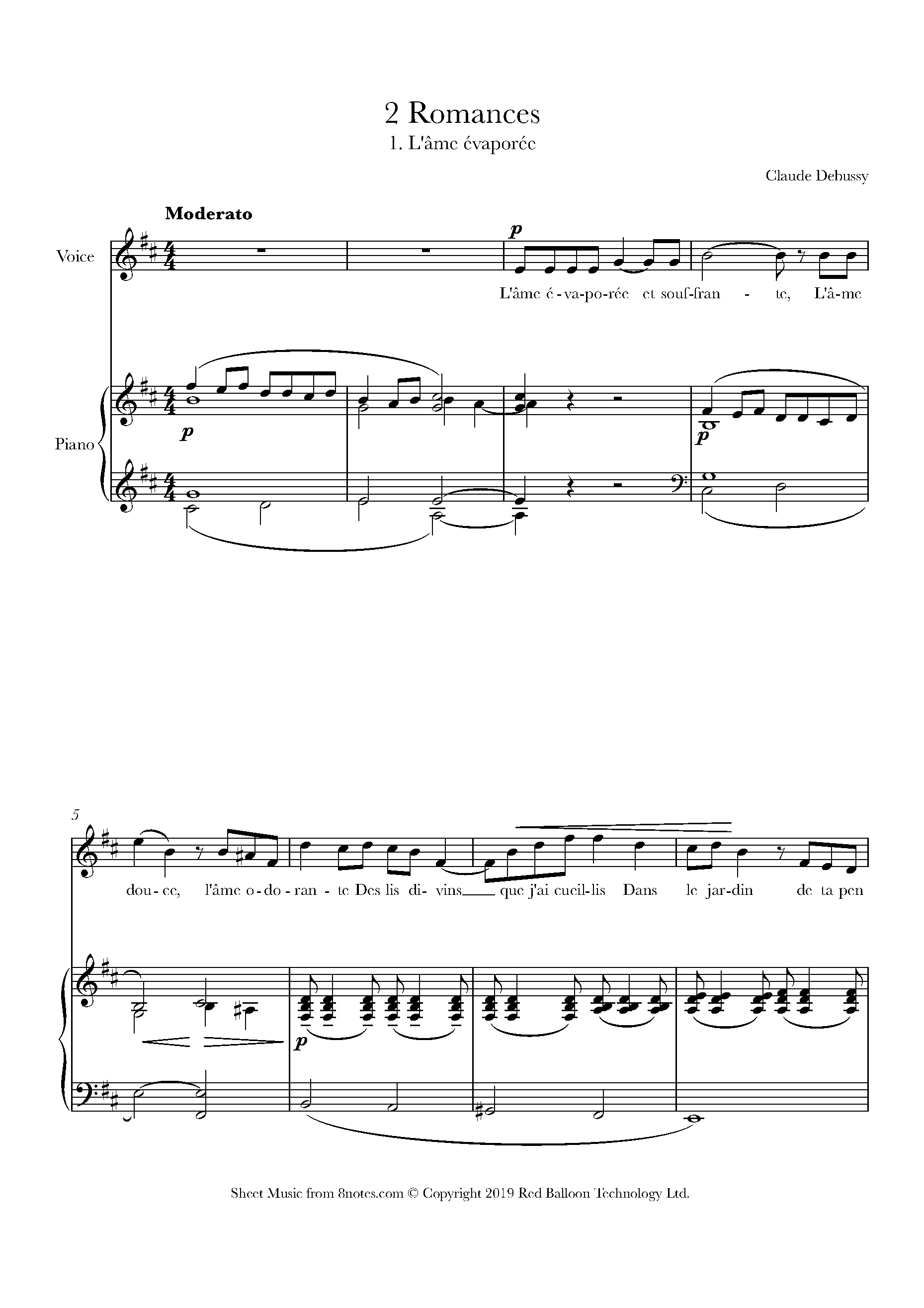 Debussy L Ame Evaporee No 1 From 2 Romances Sheet Music For Voice 8notes Com