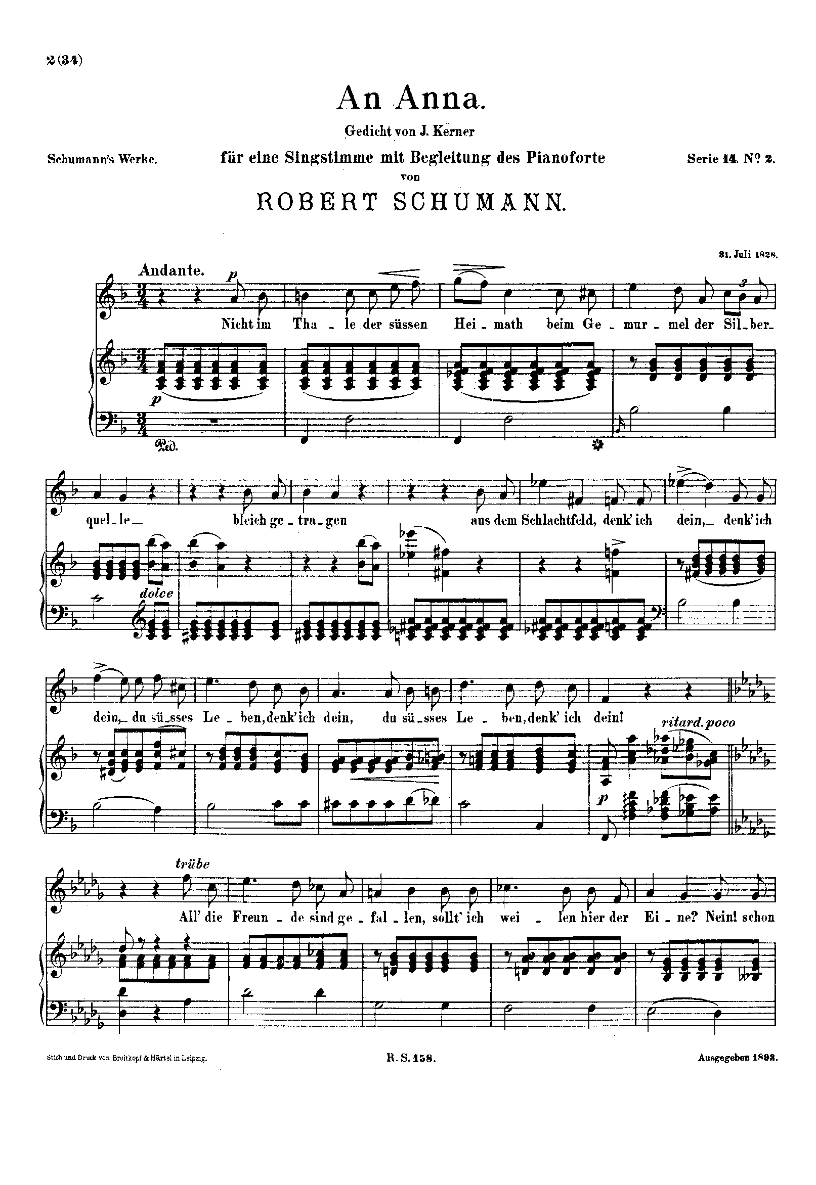 11 Songs, No. 7 An Anna by Robert Schumann Sheet Music arranged by 8notes.com for Voice - 1 of 2 pages