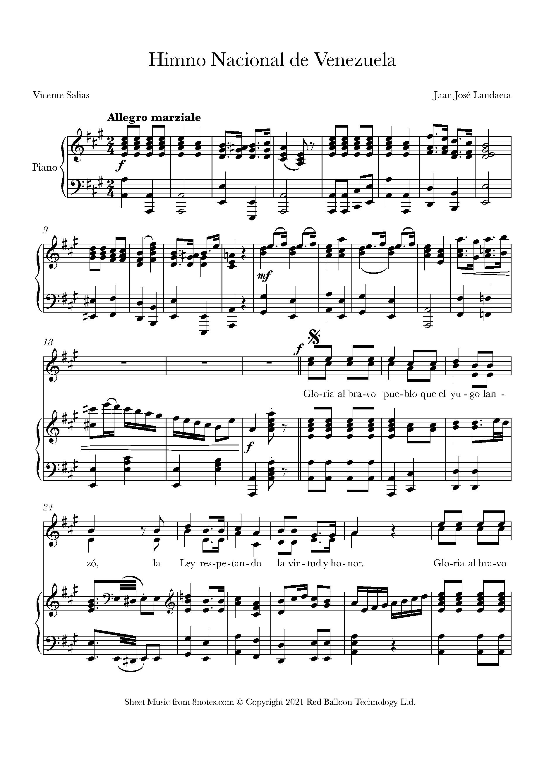 ﻿Juan José Landaeta Himno Nacional de Venezuela (Venezuelan National Anthem) Sheet music for