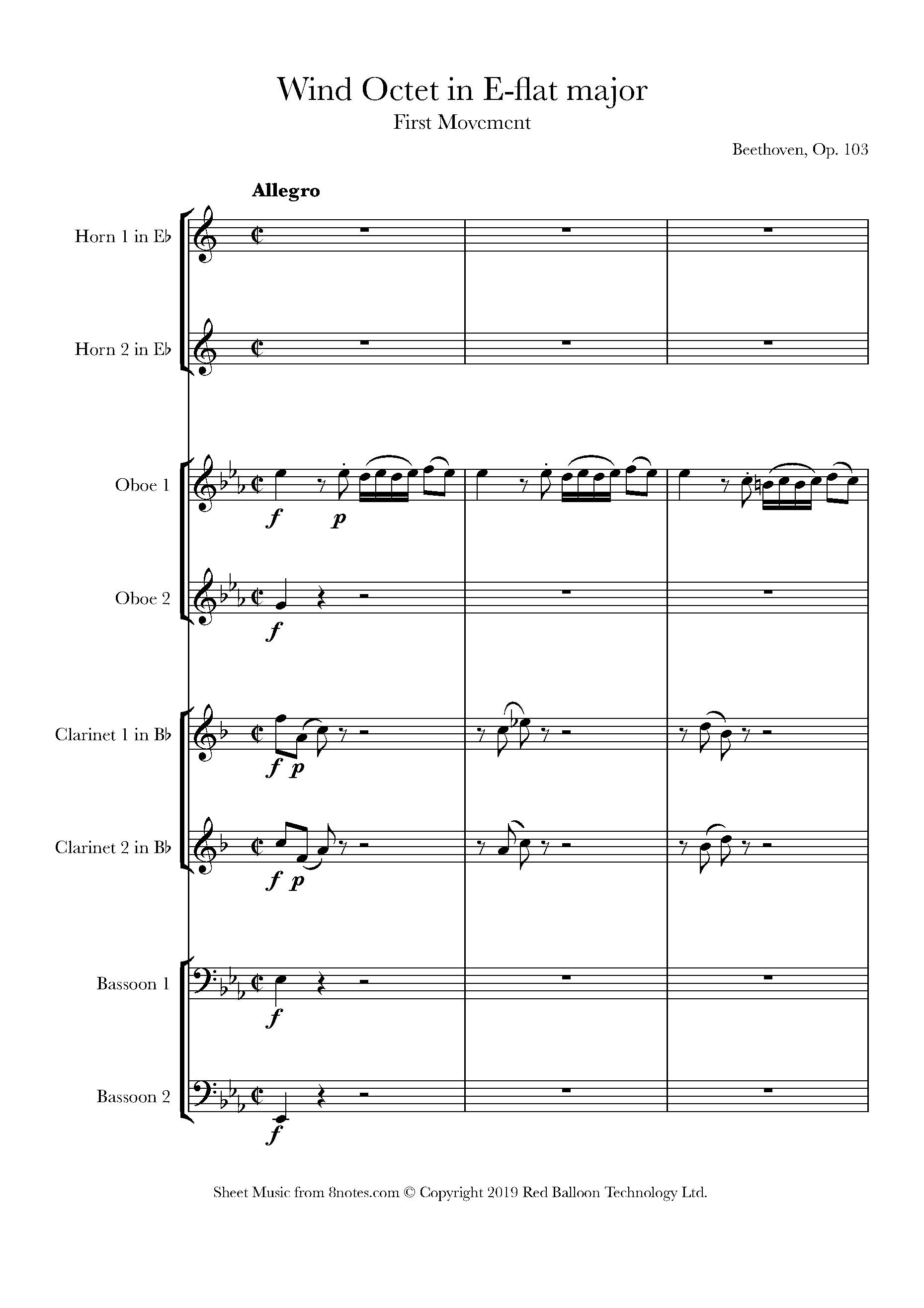 Beethoven Wind Octet in Eflat major, Op 103, First Movement Sheet