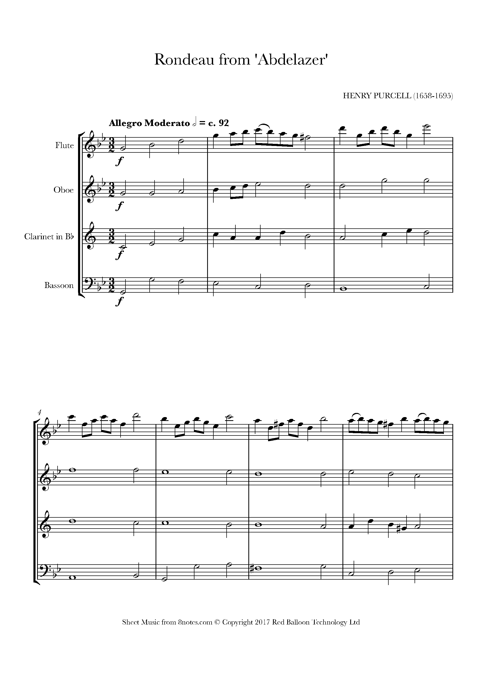 Purcell Rondeau from Abdelazer Sheet music for Wind Quartet