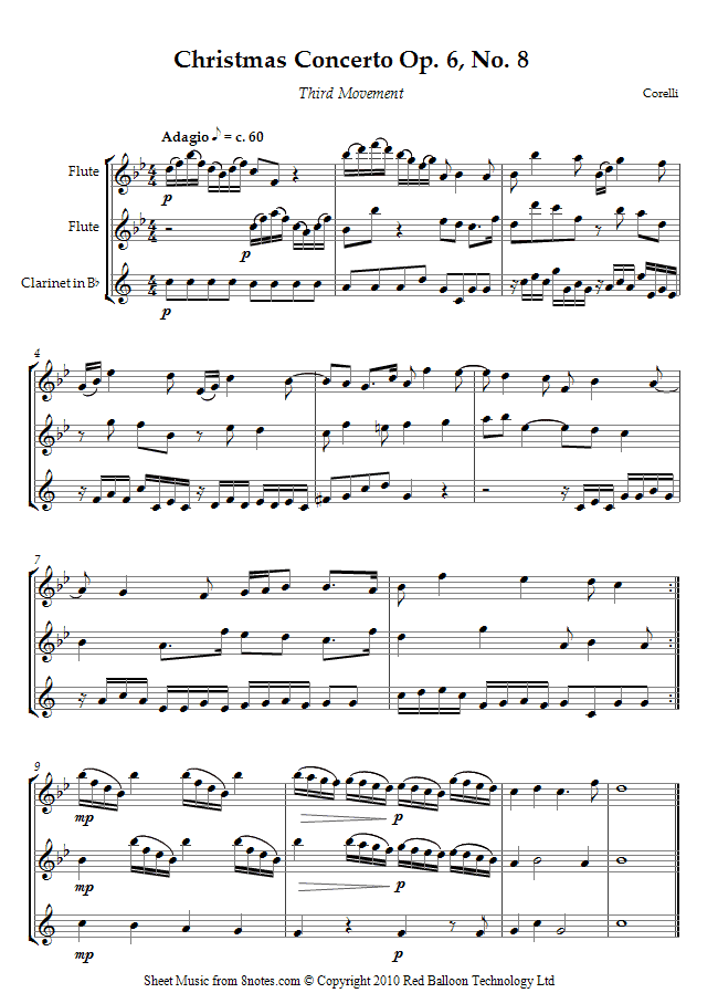 2 flutes clarinet christmas sheet music 8notes com corelli christmas concerto sheet music