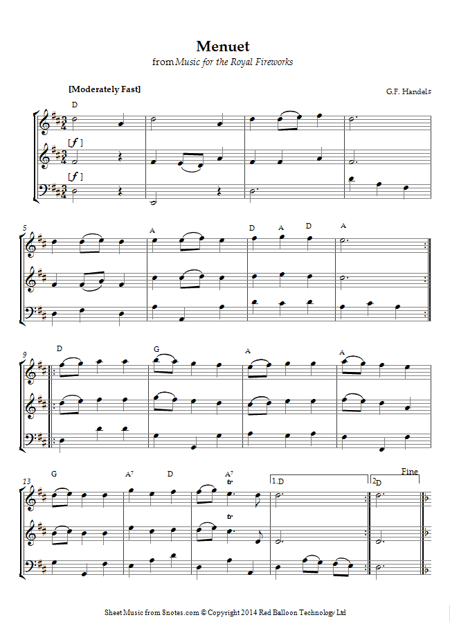 Keyboard For Beginners >> Handel - Menuet from Music for the Royal Fireworks sheet music for 2-Violins-Cello - 8notes.com Keyboard For Beginners >> Handel - Menuet from Music for the Royal Fireworks sheet music for 2-Violins-Cello - 8notes.com