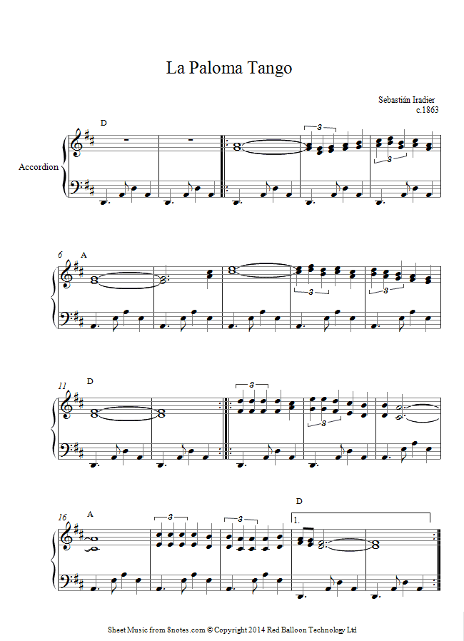 accordion la paloma tango sheet music 8notes com accordeon sheet music