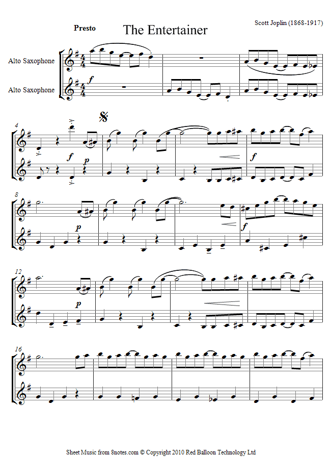 Alto Saxophone Duet The Entertainer Sheet Music 8notes Com