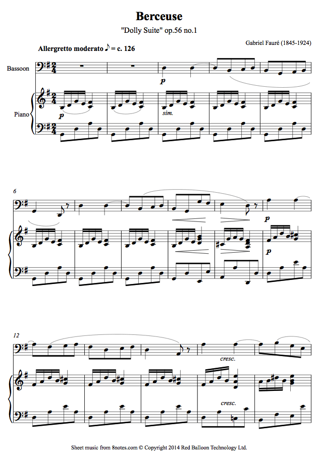 Fauré Berceuse from 'Dolly Suite' op.56 no.1 sheet music for Bassoon