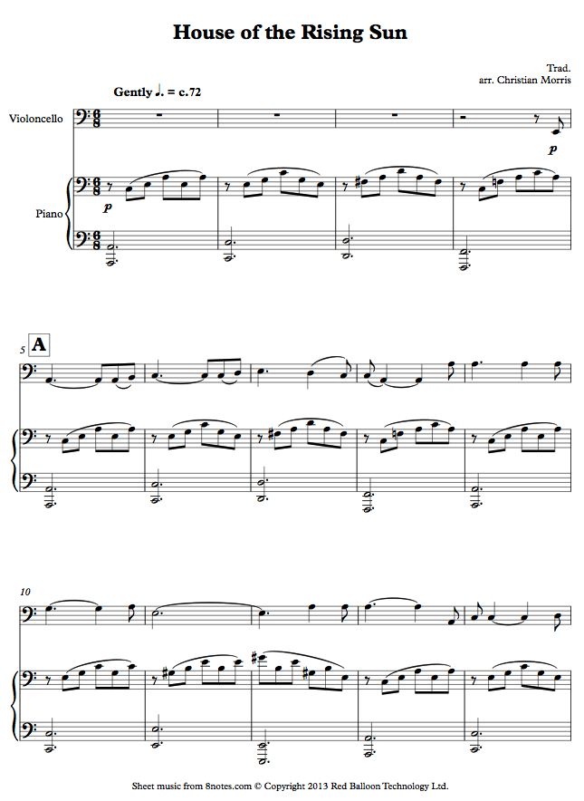 cello house of the rising sunvlc sheet music 8notes com cello pop sheet music