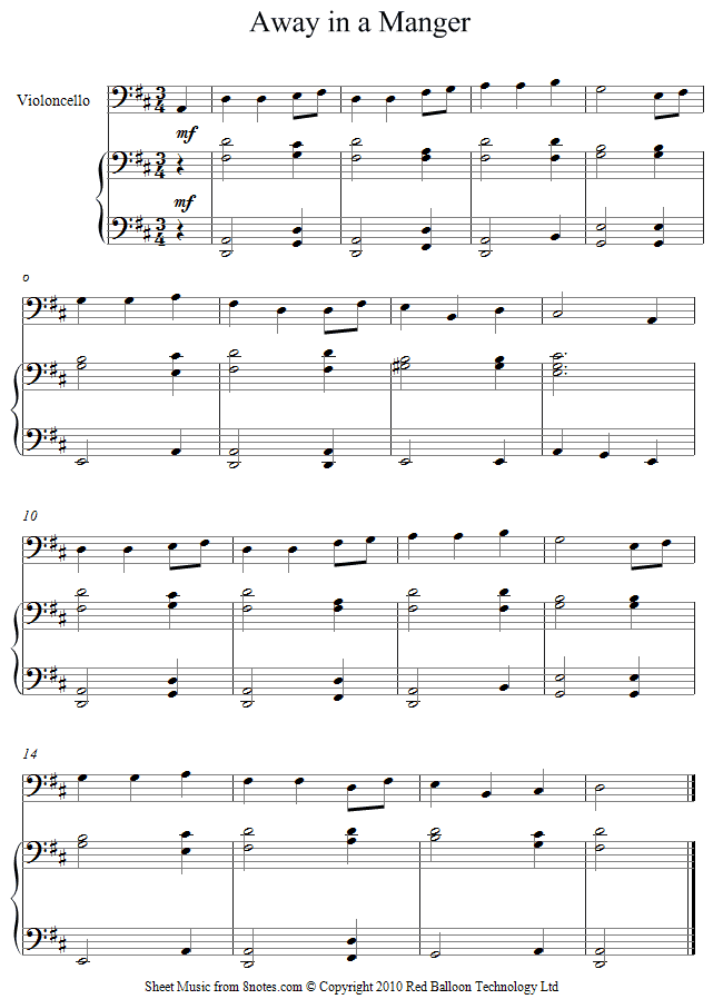 away in a manger sheet music for cello 8notes com most popular christmas carols