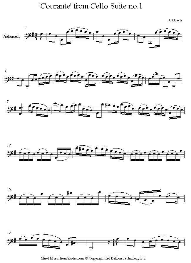 Bach - Courante from Cello Suite no.1 sheet music for Cello - 8notes.com