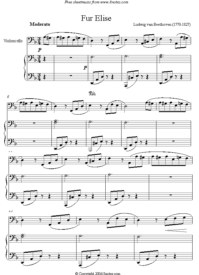 Beethoven - Fur Elise sheet music for Cello - 8notes.com