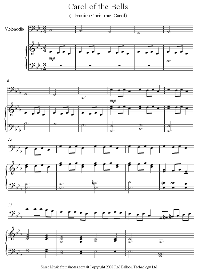 Carol of the Bells sheet music for Cello - 8notes.com