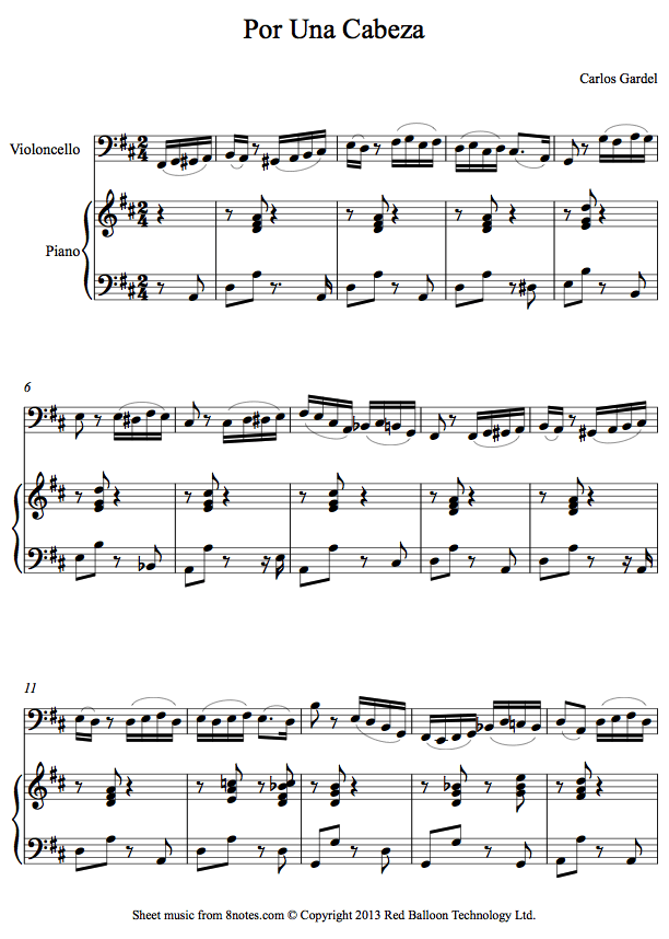 cello gardel porvlc sheet music 8notes com por una cabeza piano sheet music