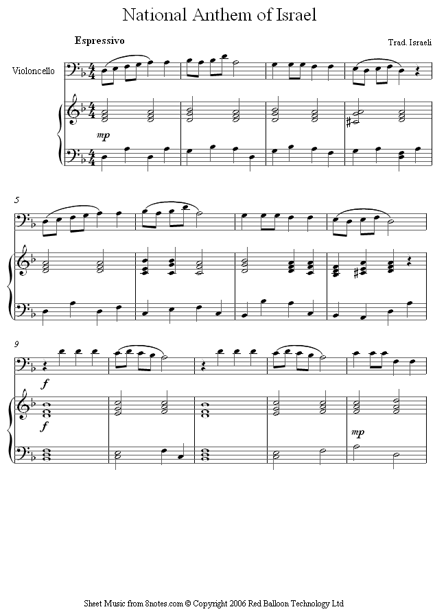 cello israel national anthem sheet music 8notes com the national anthem sheet music