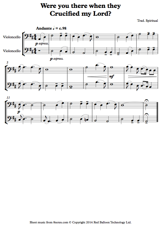cello duet were you therevlcduet sheet music 8notes com were you there when they crucified my lord sheet music