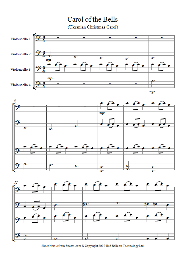 Free Sheet Music Cello Christmas - carol of the bells sheet music for cello quartet 8notes wham ...